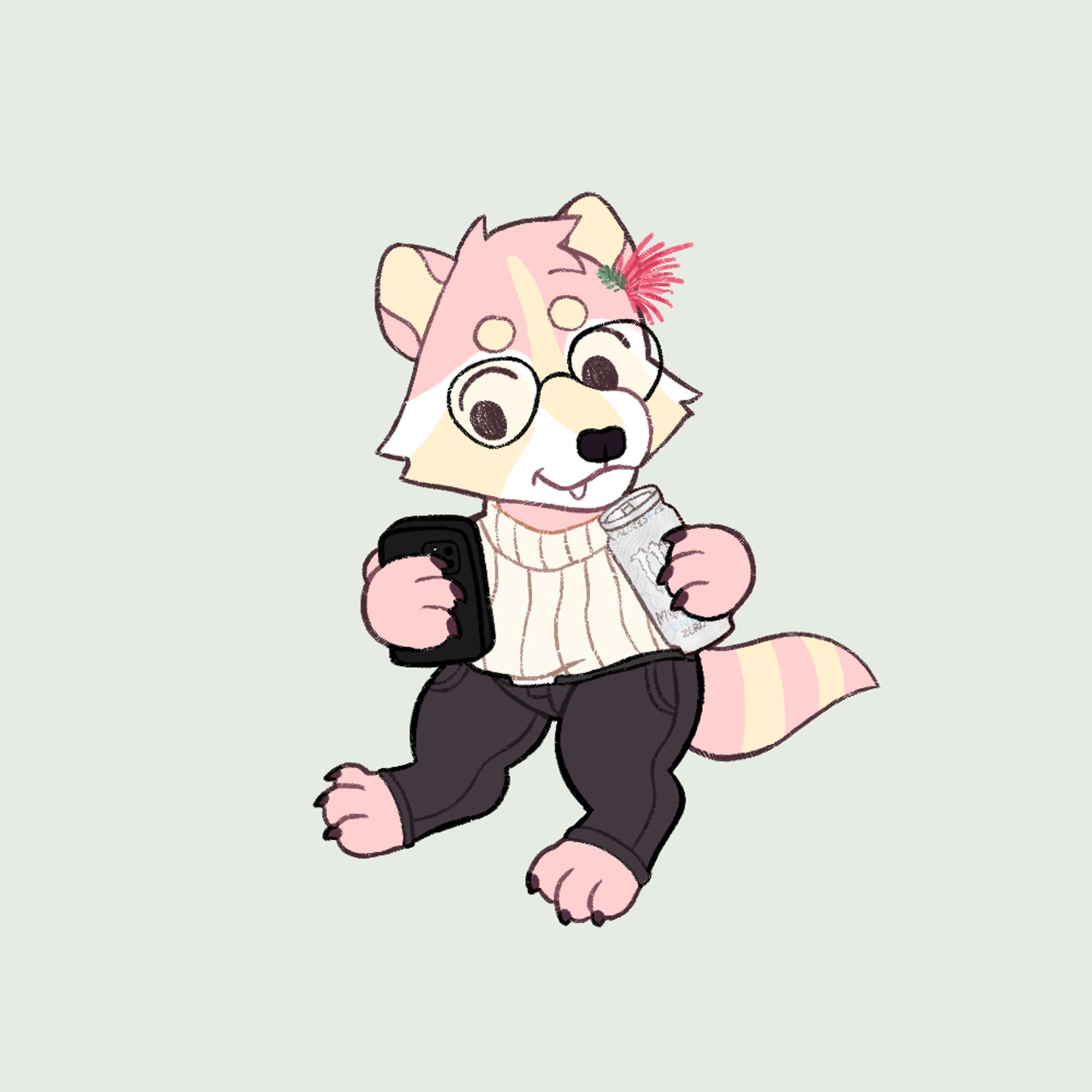 Chibi Mimo (pink, cream and white raccoon with round glasses and an albizia flower in his hair) wearing an off-white wool sweater, brown pants. He’s holding his phone in one hand and a Monster Ultra in his other hand