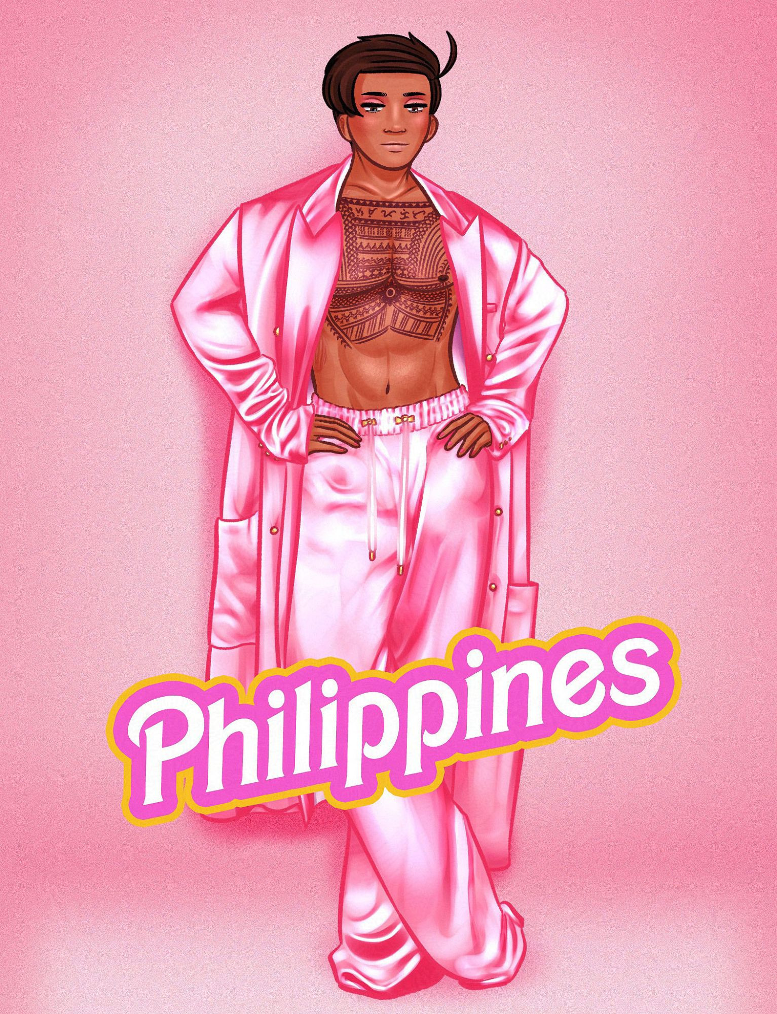 HWS Philippines wearing pieces from the Balmain x Barbie limited edition collection (matching pink, satin pajama set with oversized blouse & sweatpants). He also wears pink eyeshadow, blush, highlights & contour, and glossy lips on his face, with details of body glitter on his torso. Superimposed, Barbie-font text reads “PHILIPPINES."