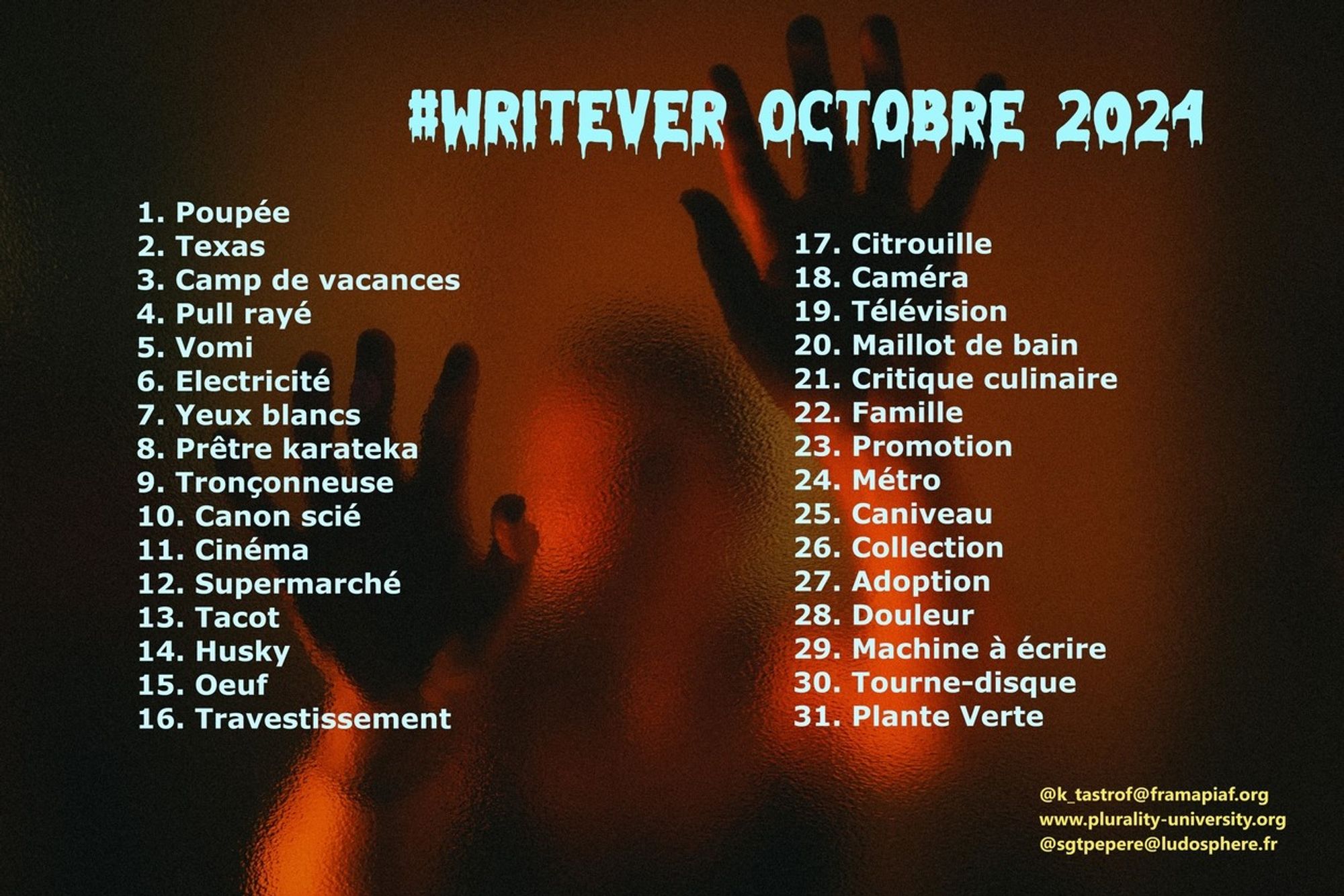 1. Poupée
2. Texas
3. Camp de vacances
4. Pull rayé
5. Vomi
6. Electricité
7. Yeux blancs
8. Prêtre karateka
9. Tronçonneuse
10. Canon scié
11. Cinéma
12. Supermarché
13. Tacot
14. Husky
15. Oeuf
16. Travestissement
17. Citrouille
18. Caméra
19. Télévision
20. Maillot de bain
21. Critique culinaire
22. Famille
23. Promotion
24. Métro
25. Caniveau
26. Collection
27. Adoption
28. Douleur
29. Machine à écrire
30. Tourne-disque
31. Plante Verte