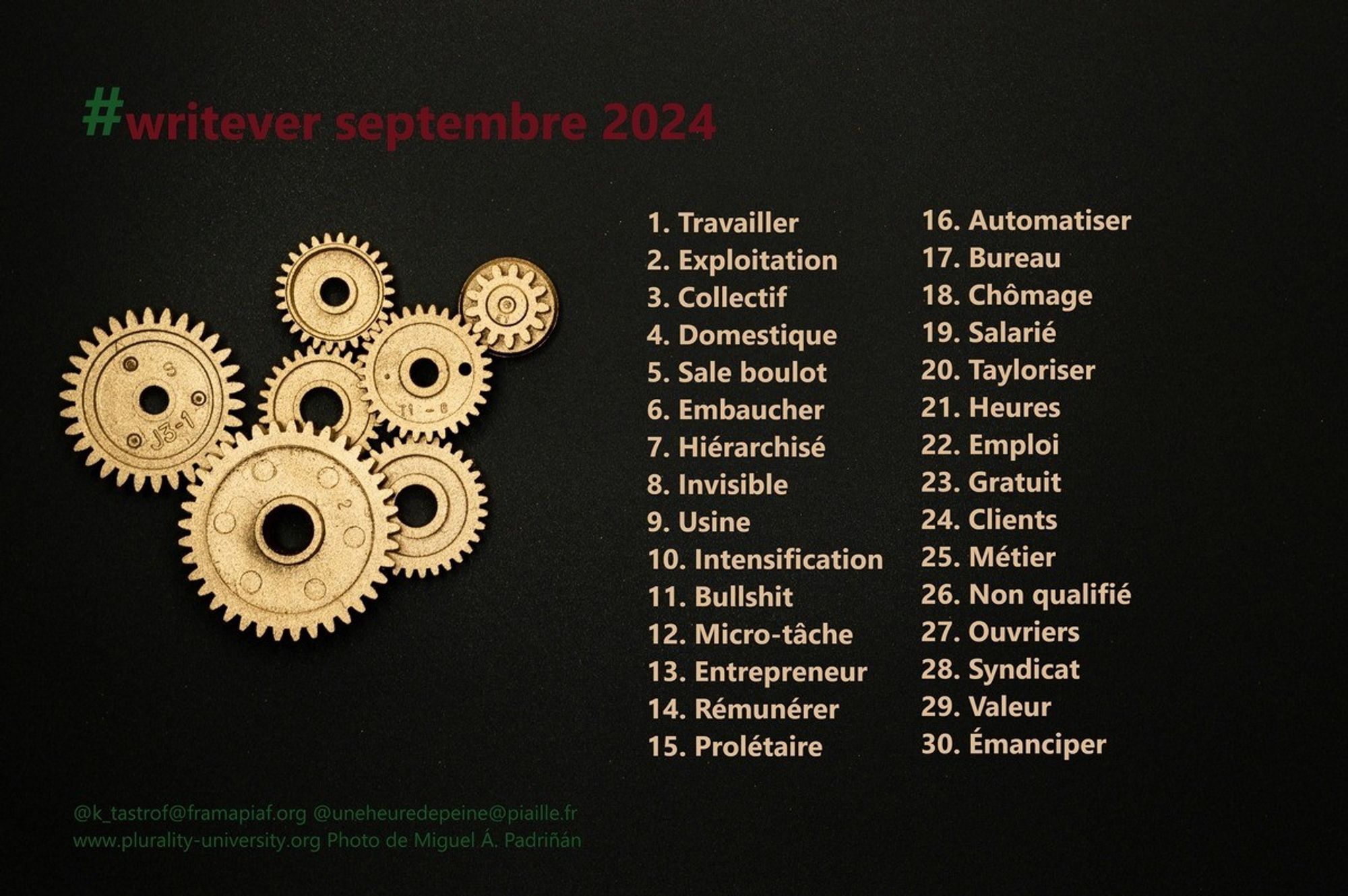 1. Travailler
2. Exploitation
3. Collectif
4. Domestique
5. Sale boulot
6. Embaucher
7. Hiérarchisé
8. Invisible
9. Usine
10. Intensification
11. Bullshit
12. Micro-tâche 
13. Entrepreneur
14. Rémunérer
15. Prolétaire
16. Automatiser
17. Bureau
18. Chômage
19. Salarié
20. Tayloriser
21. Heures
22. Emploi
23. Gratuit
24. Clients
25. Métier
26. Non qualifié
27. Ouvriers
28. Syndic