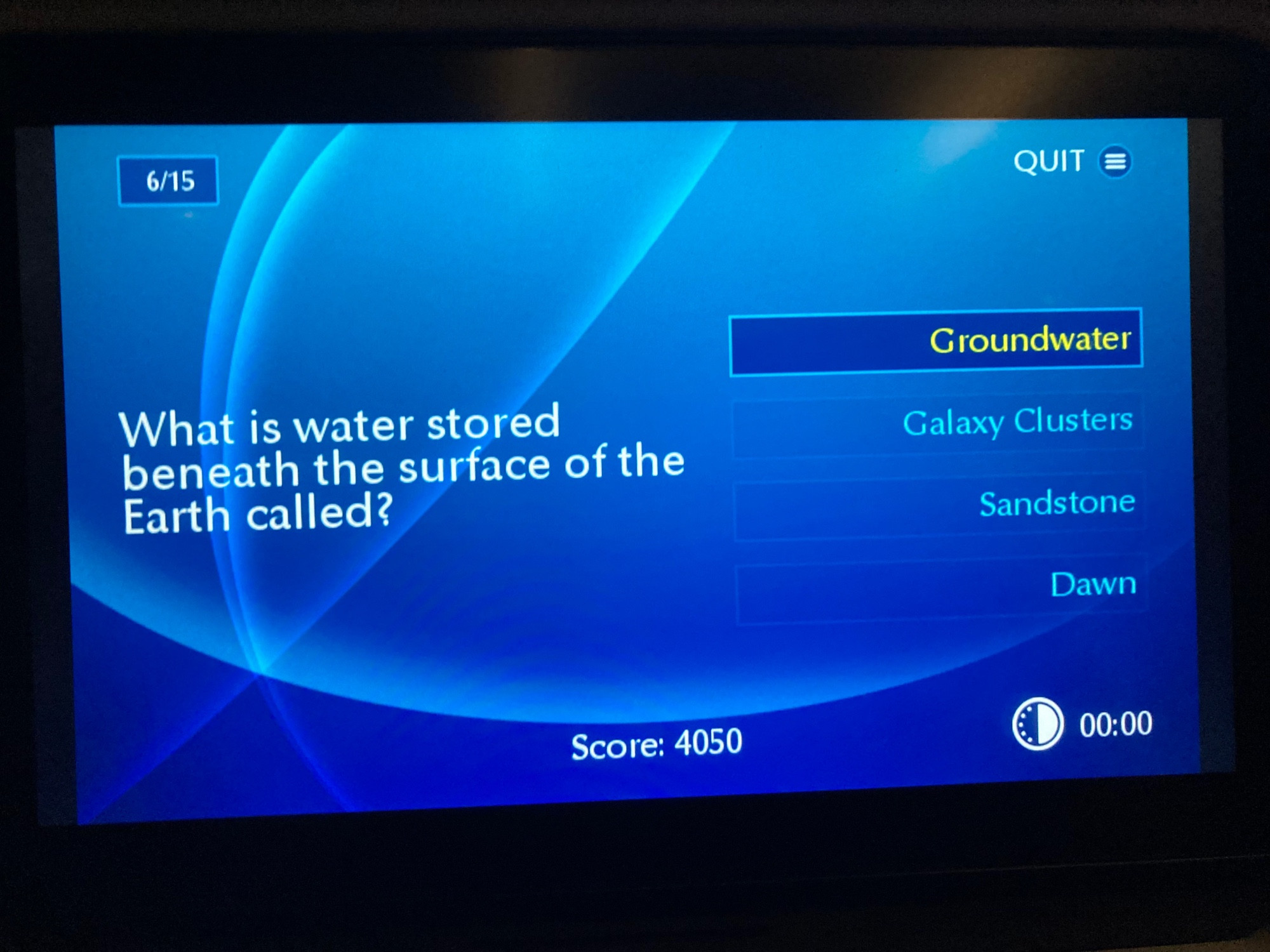 “What is water stored beneath the surface of the Earth called?” Choices: A) Groundwater B) Galaxy Clusters C) Sandstone D) Dawn