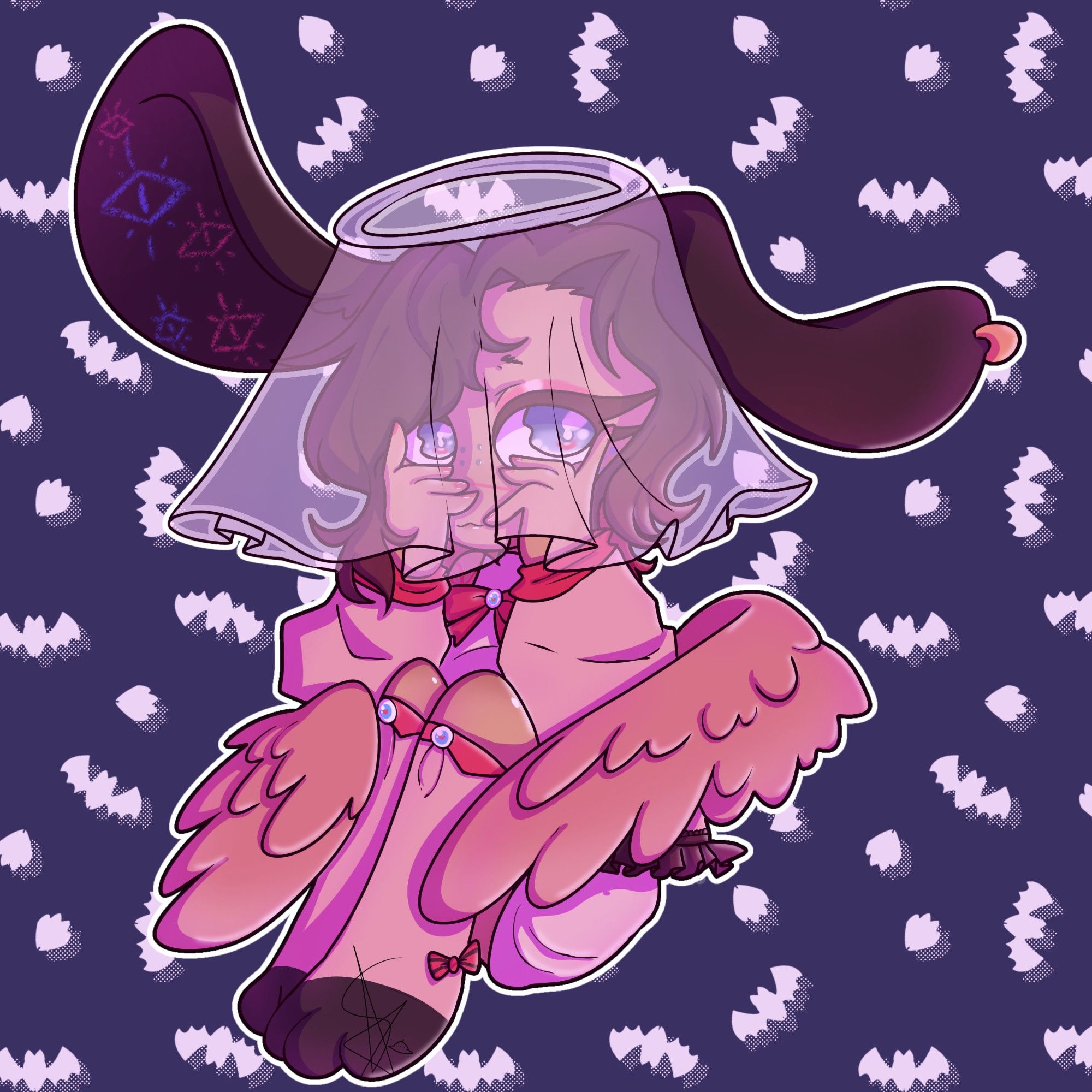 desenho chibi de halloween com personagem vtuber que é majoritariamente rosa, sendo um coelho com uma aureola de véu escondendo o rosto.