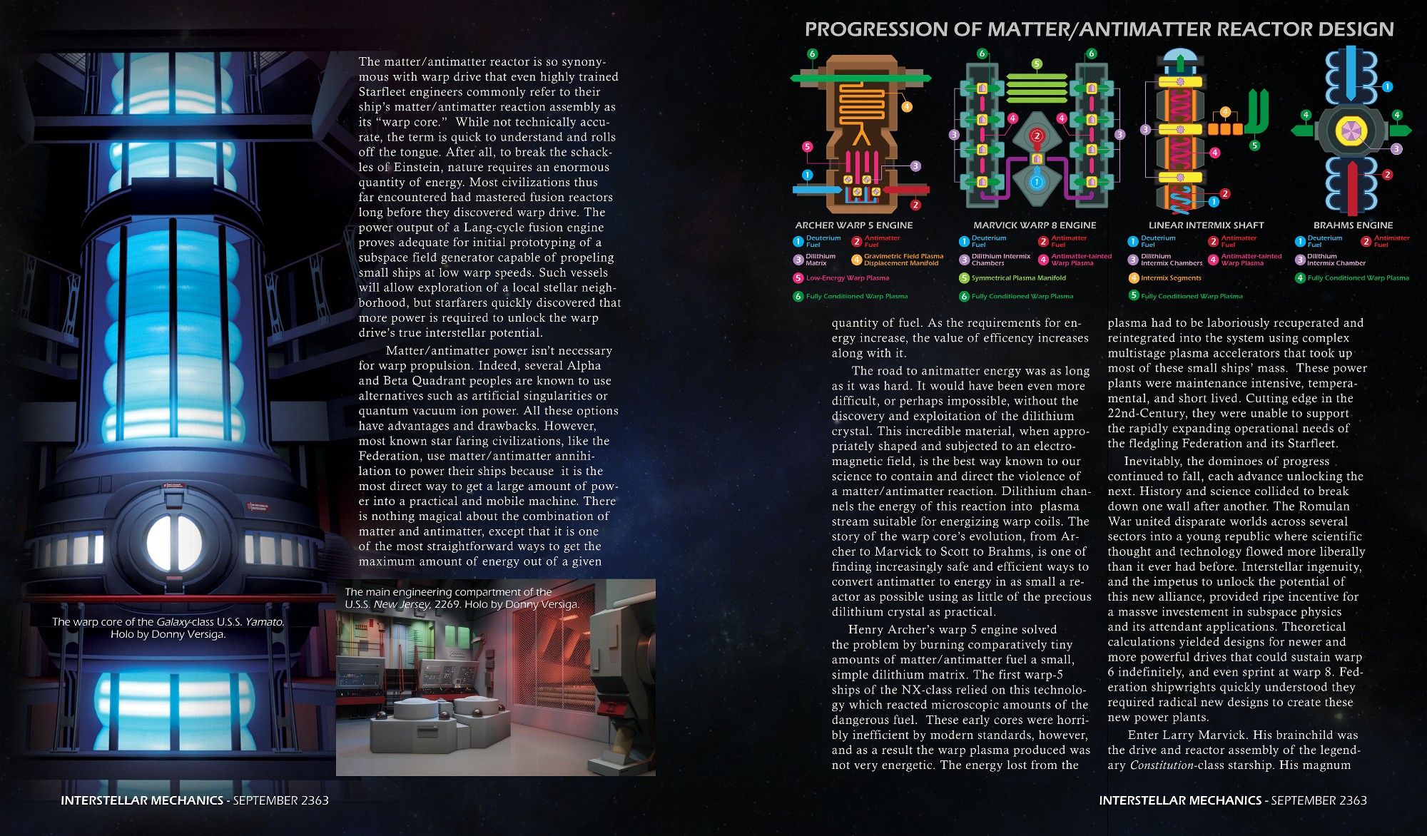 First text spread of the article, including pictures of the Enterprise D's warp core, the TOS Enterprise engine room, and a diagram discussing different types of warp cores.