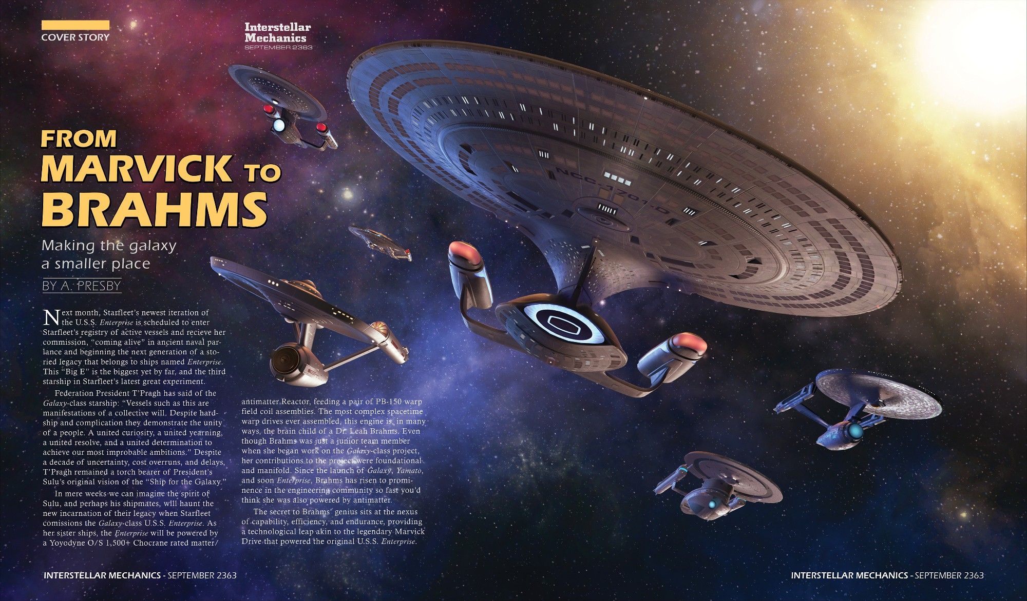 A large image of Star Trek: The Next Generation's Enterprise D alongside previous versions of the Enterprise.