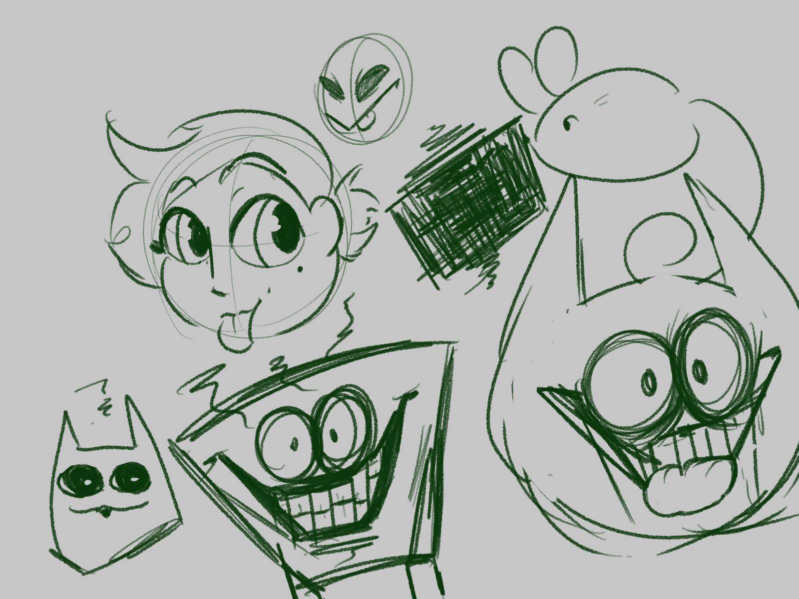 Scribbles of faces, including Bob Velseb from Spooky Month