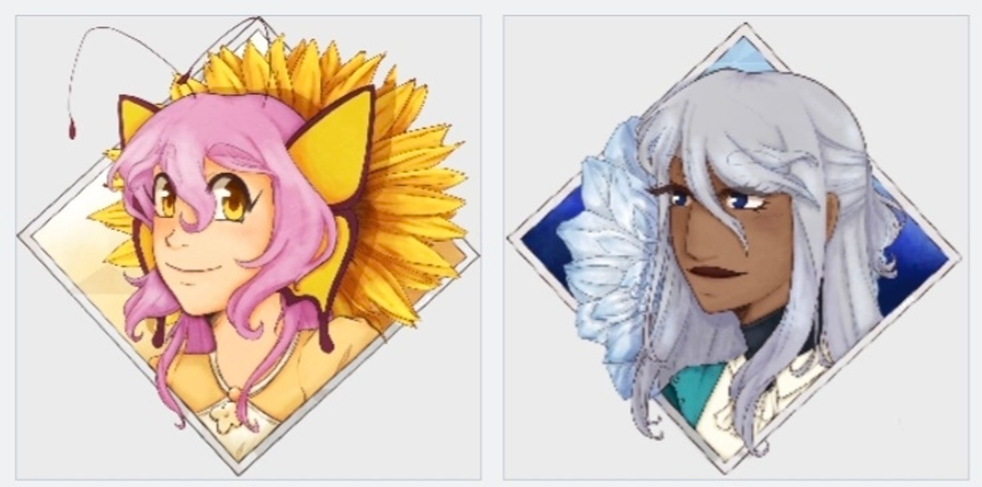 thumbnail screenshot of two diamond shaped portrait icons
on the left is my oc mistral with a big sunflower in the BG
on the right is my oc dahlia with a big dahlia flower in the BG
the screenshot is very pixely