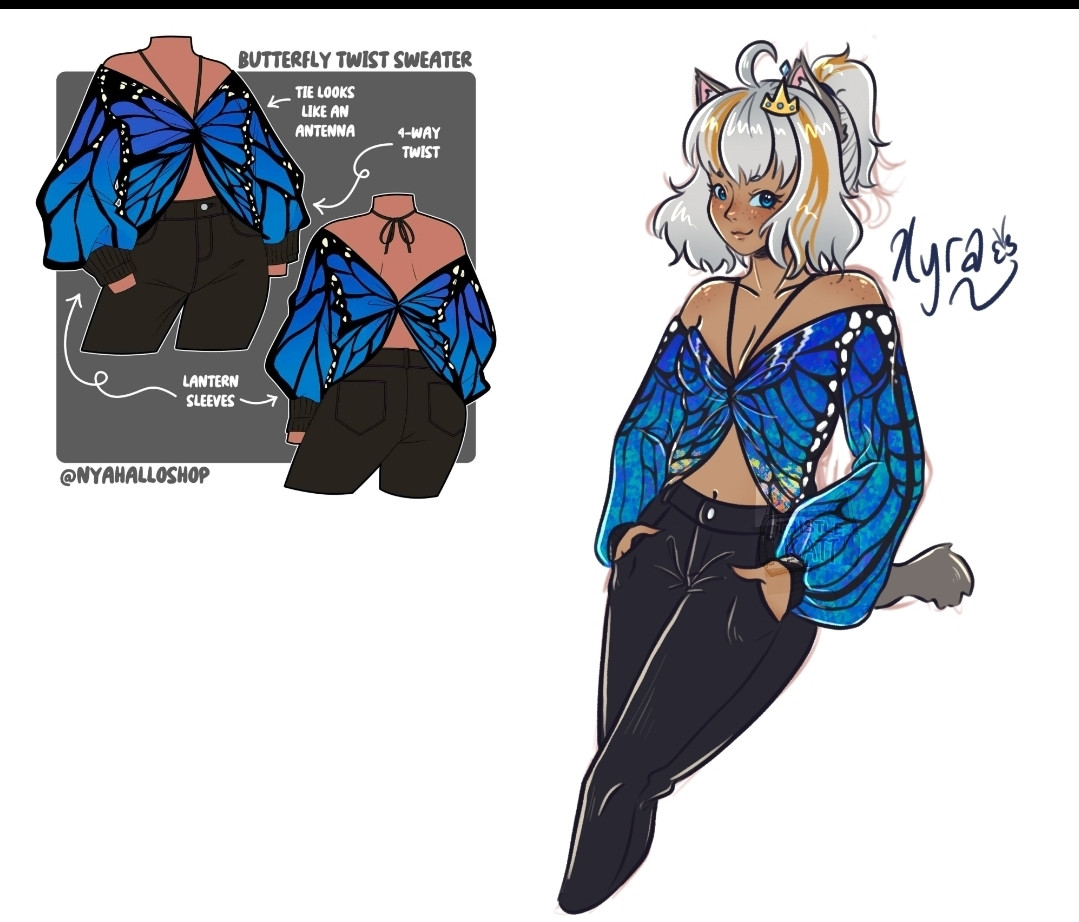 My OC Xyra in a blue butterfly twist sweater designed by Nyahallo