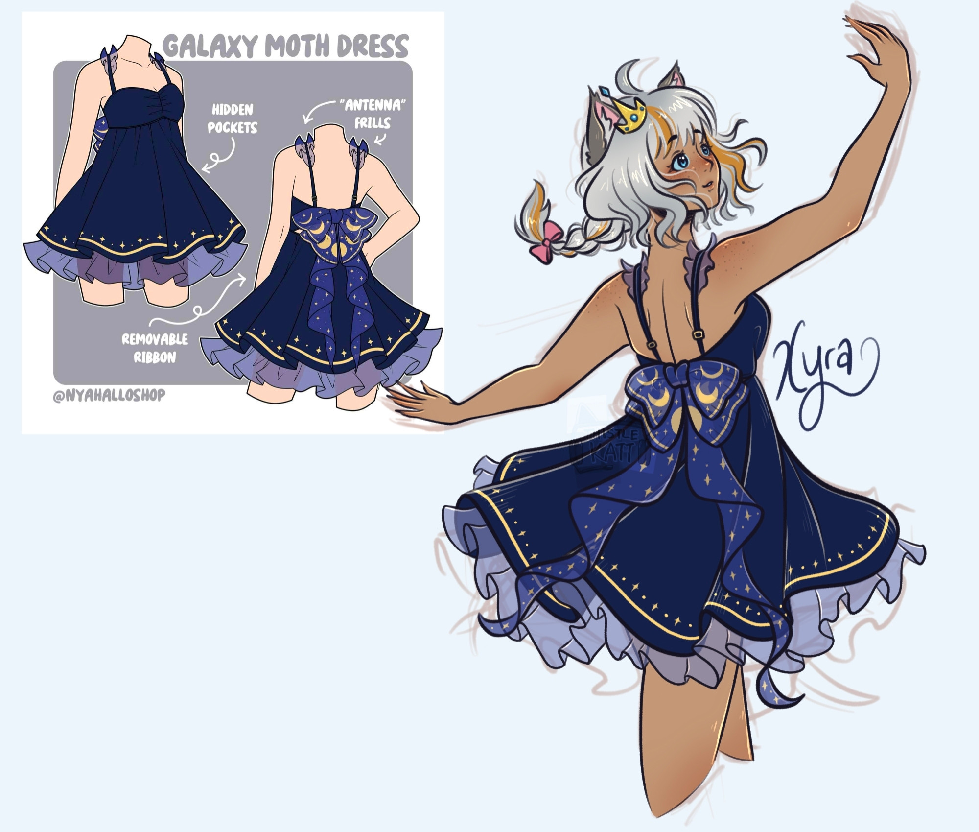 Grey-haired catgirl in a flowy dark blue dress with a moth-like bow on the back decorated with moons