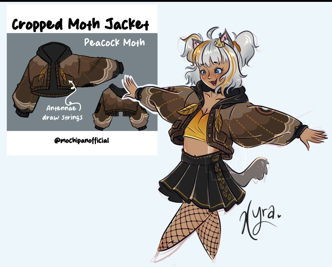 Xyra, a grey haired catgirl, in a peacock moth themed cropped jacket