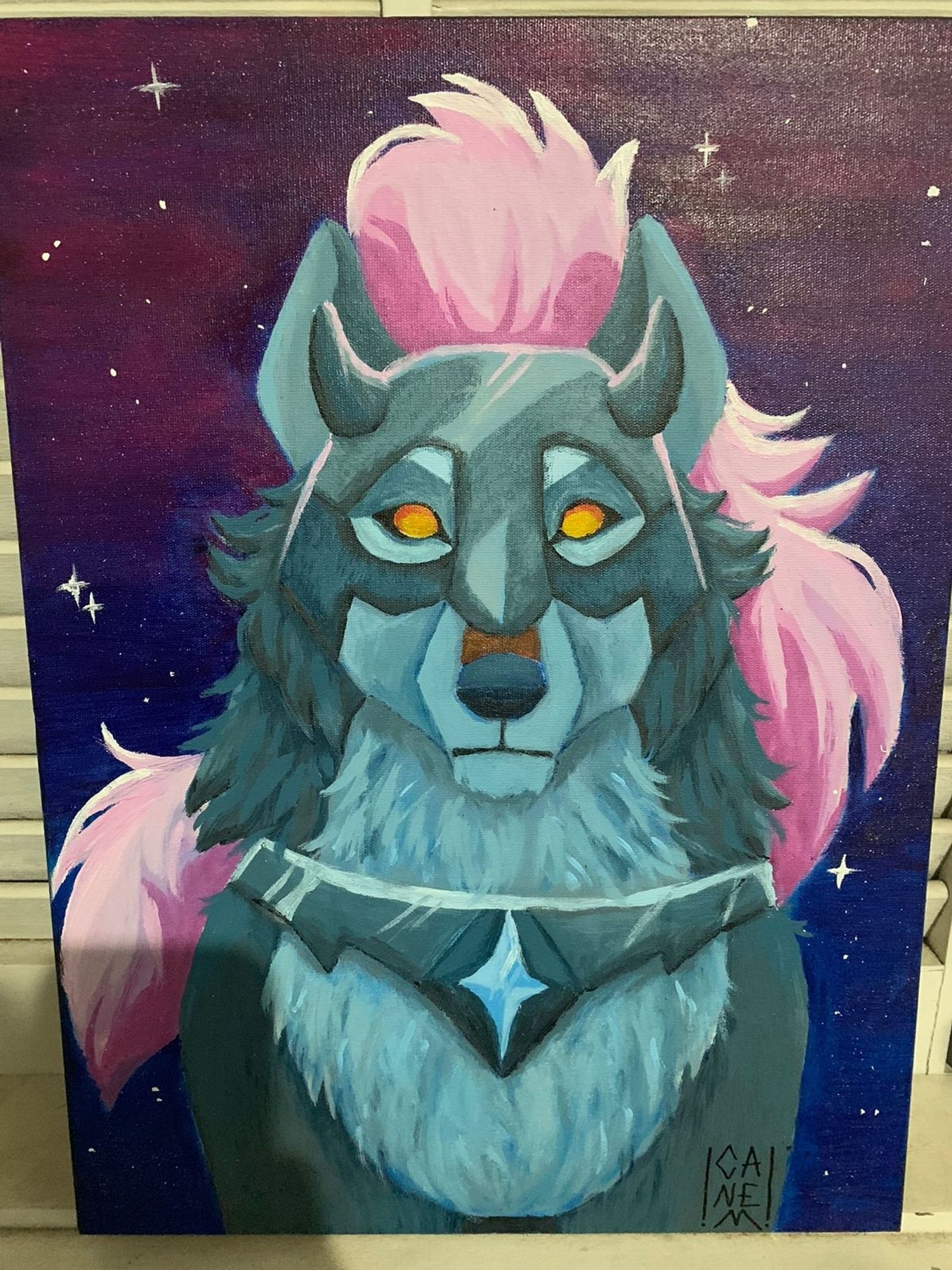 Acrylic painting of a wolf with armor.