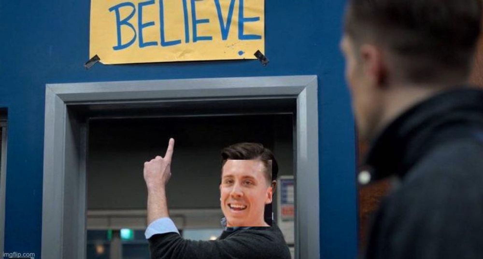 Duncan Robinson's face photoshopped on Ted Lasso pointing to the BELIEVE sign