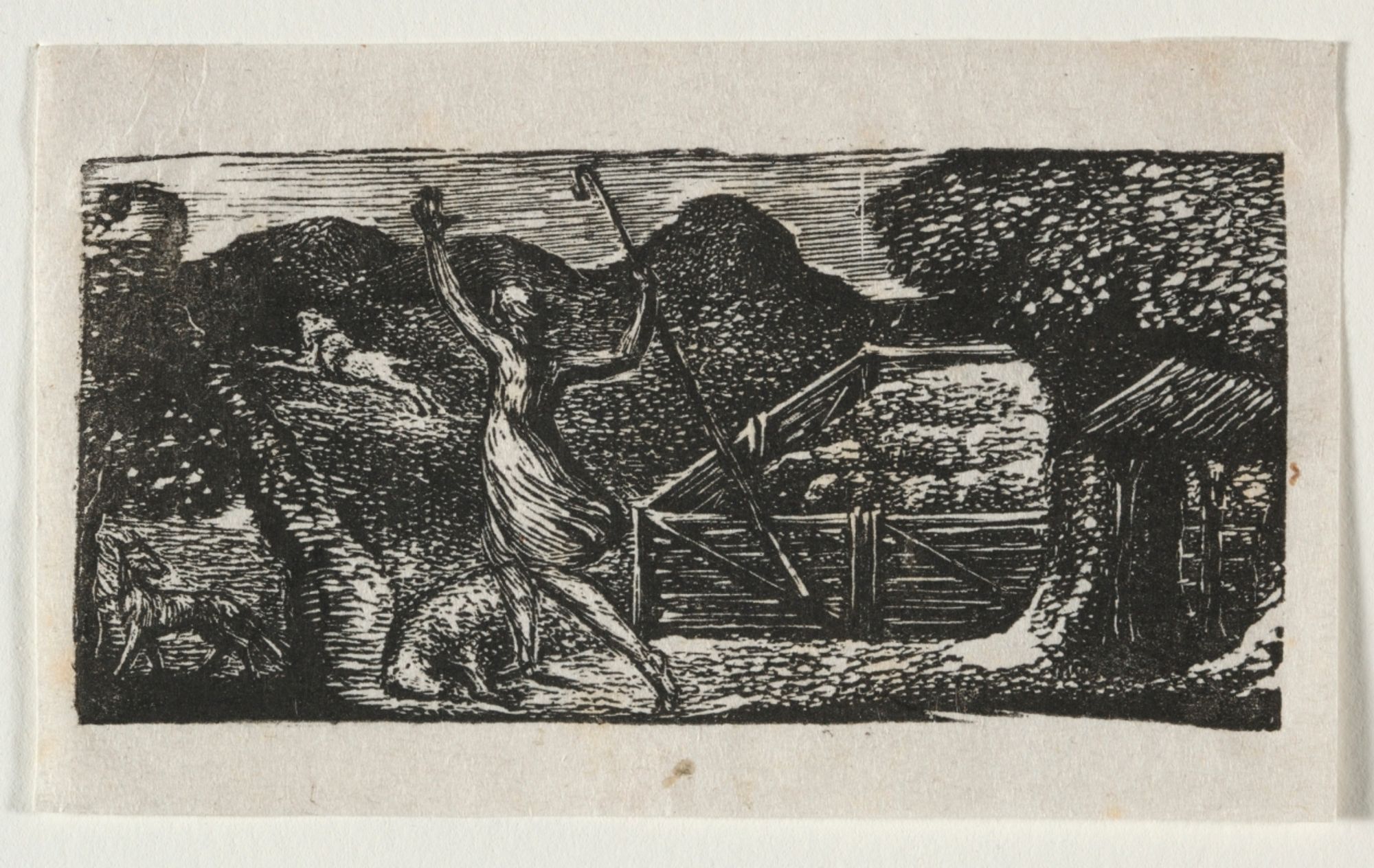 In 1820, Blake was commissioned to illustrate a new edition of The Pastorals of Virgil, published as a school text, which included commentary by Dr. Robert John Thornton on the famous poem from the 1st century BC. Blake’s seventeen wood engravings became tremendously influential to the Ancients. Samuel Palmer (also in this gallery) wrote of these wood engravings: "They are visions of little dells, and nooks, and corners of Paradise; models of the exquisitest [sic] pitch of intense poetry... There is
in all such a mystic and dreamy glimmer as penetrates and kindles the inmost [sic] soul." Despite Palmer’s poetic description, Blake’s wood engravings were not images of an unchanging paradise. Instead, they record an evershifting and often ambiguous relationship between the artist and his environment. They describe a landscape of Blake’s imagination---a wellspring of dreams and artistic
inspiration, yet simultaneously a land of doubts and shadows, sweet delusions and unformed hopes.