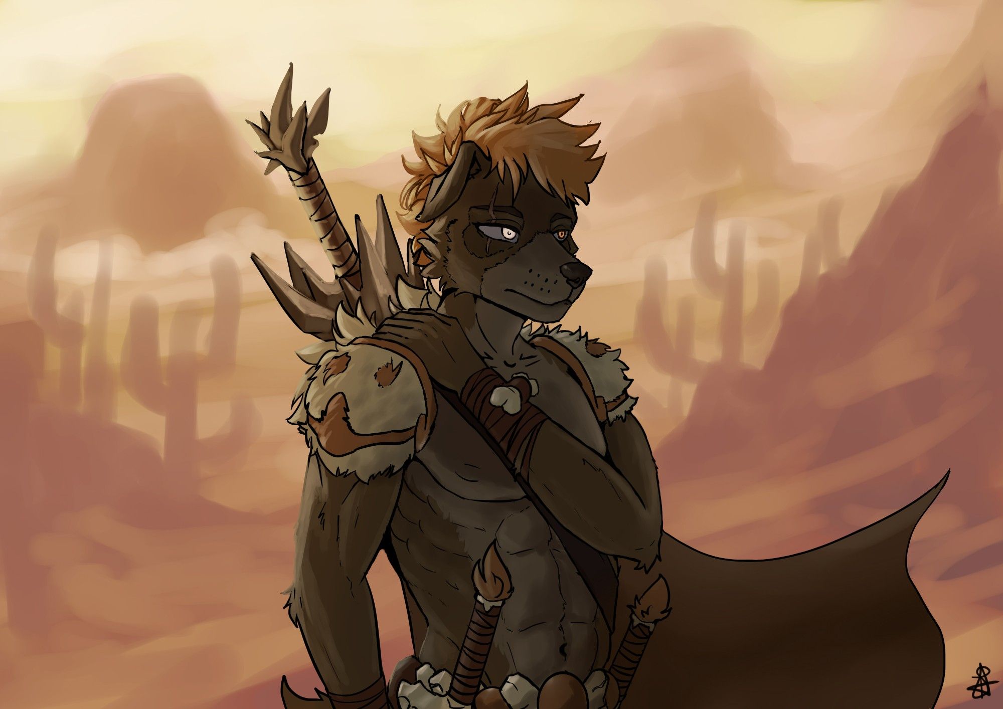 An Ouginak named Ciel, wearing a claymour on his back and gazing upon the never ending sand.