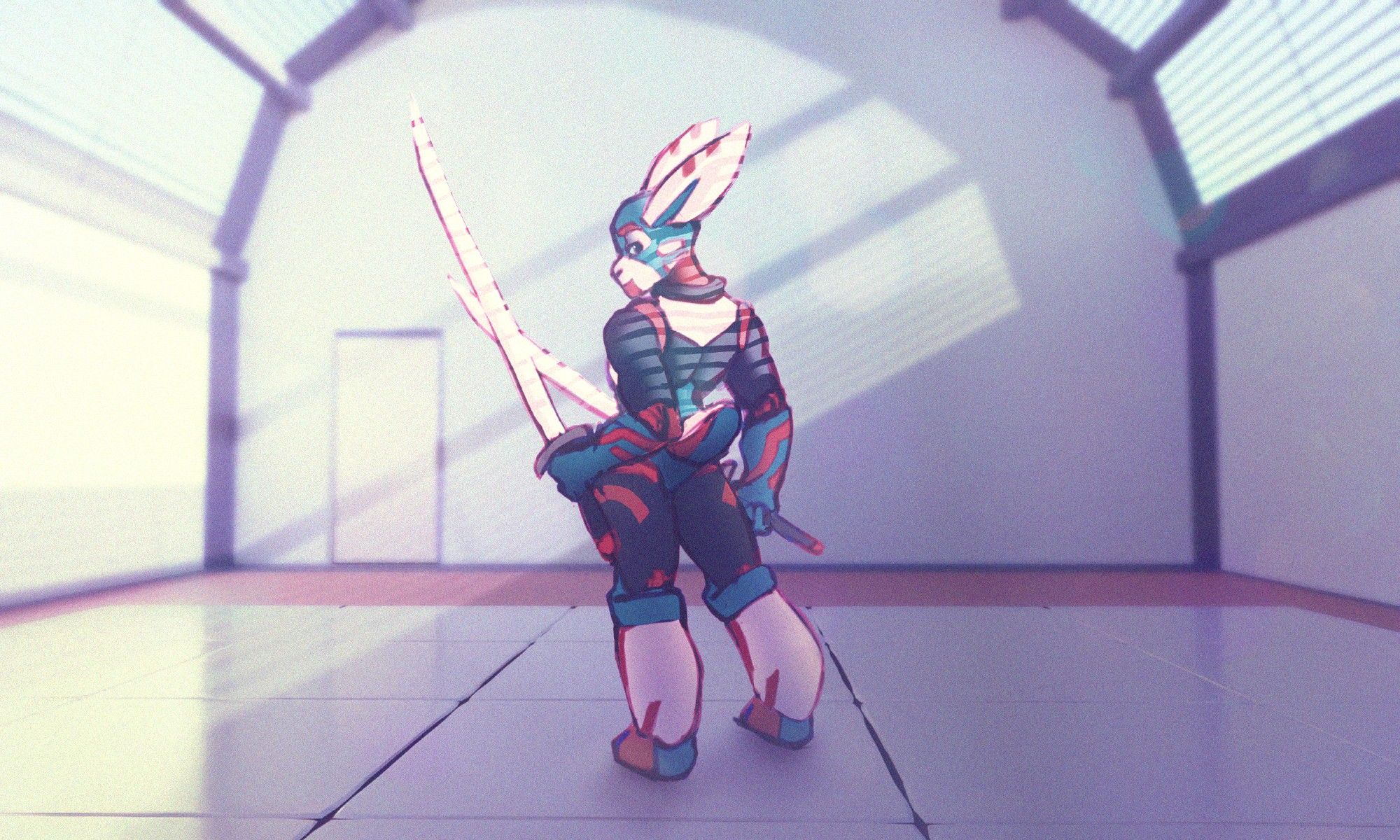 Mechanical green and white bunny themed anthro in an empty hall gym swords.