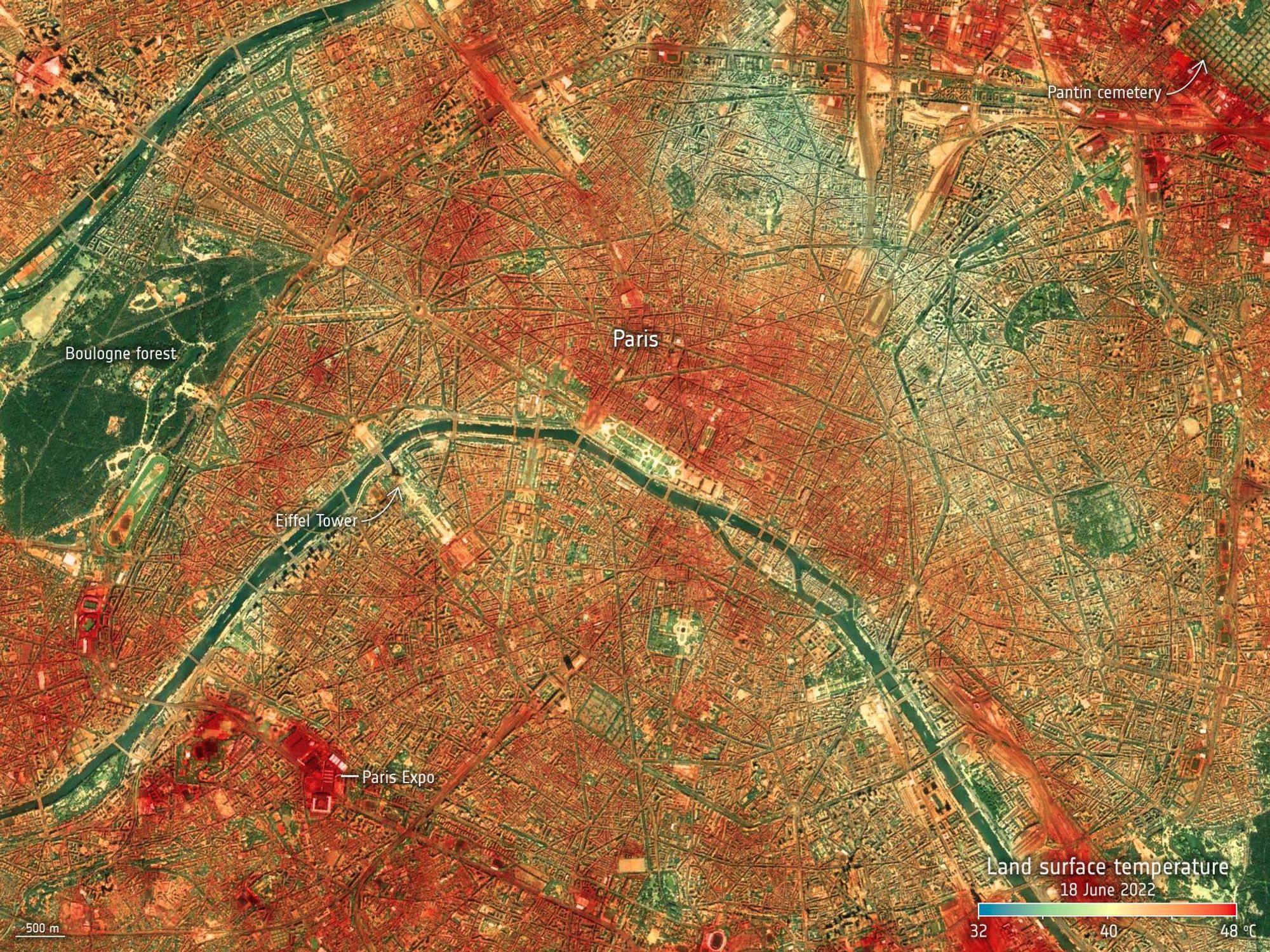 Satellitenaufnahme der Landoberflächentemperatur in Paris, 18 Juni 2022,