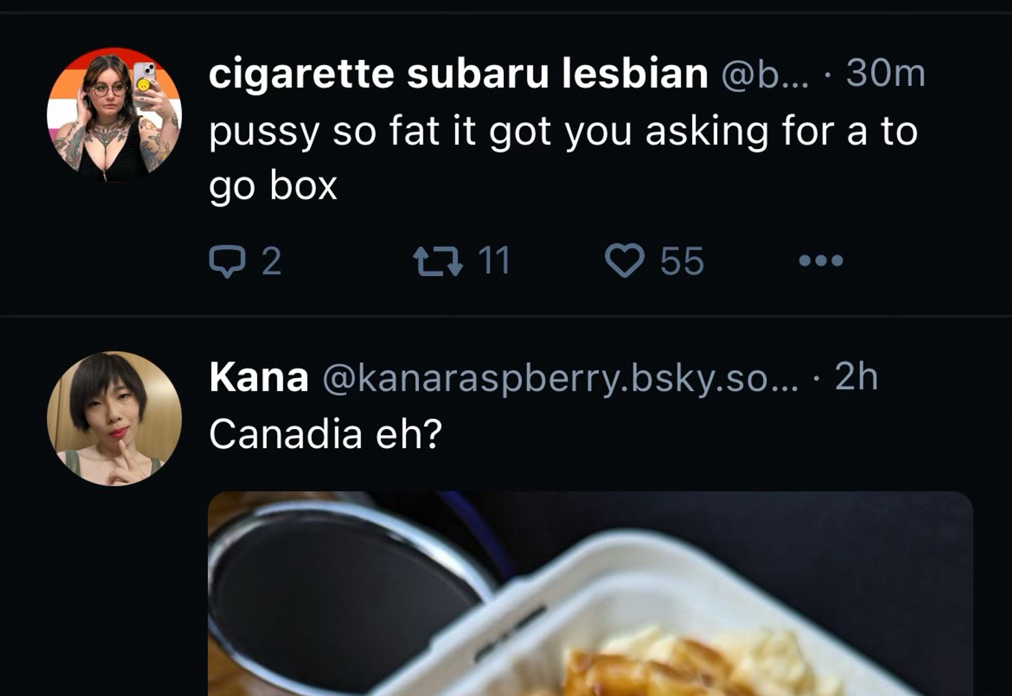 A skyline coincidence where the first skeet says “pussy so fat it got you asking for a to go box” and the second skeet is a to go box full of poutine