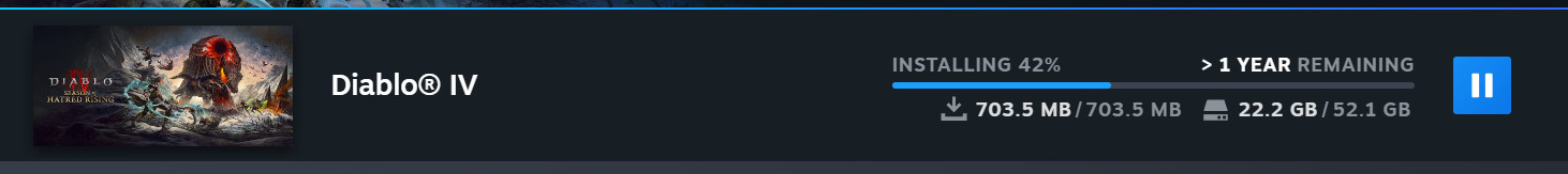 Screenshot of Steam downloading an update for Diablo 4. The download has completed, but installing the 700mb update is estimated to take over a year. 