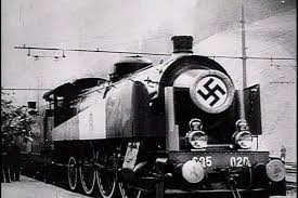 Train with a Nazi swastika on the front of the engine. 