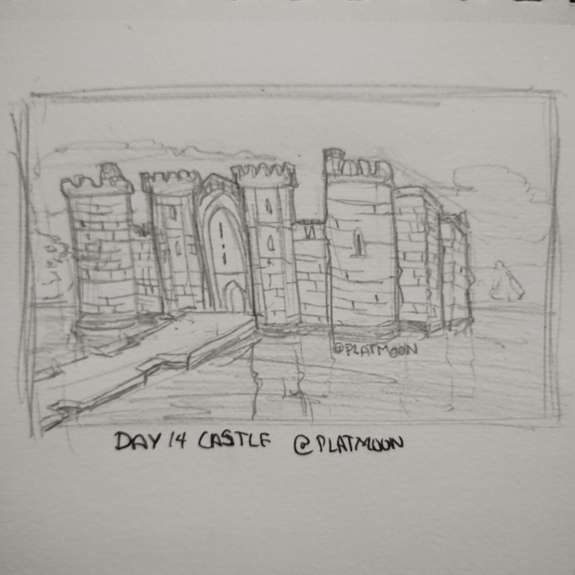 sketch of a castle with a bridge at the door, the castle is in the middle of a lake.