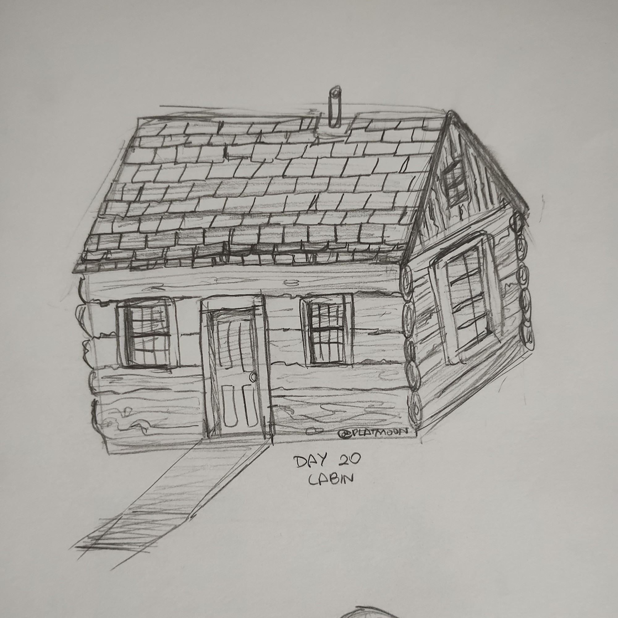 a sketching of a wood cabin, with 2 windows in front and one to the side, the door has a ramp in front of it.