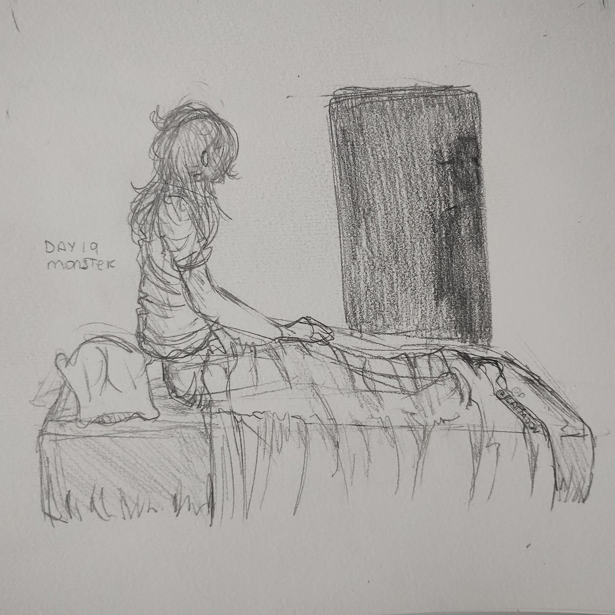 a woman siting on her bed, looking at a dark doorway where a shadow is peeking in, from the darkness