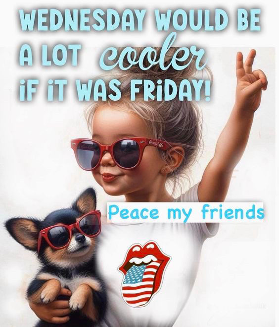 Little girl with blond hair in pony tail, white tshirt with USA flag holding small dog, both wearing sunshades. Girl giving peace symbol saying Wednesday would be a lot cooler if it was Friday