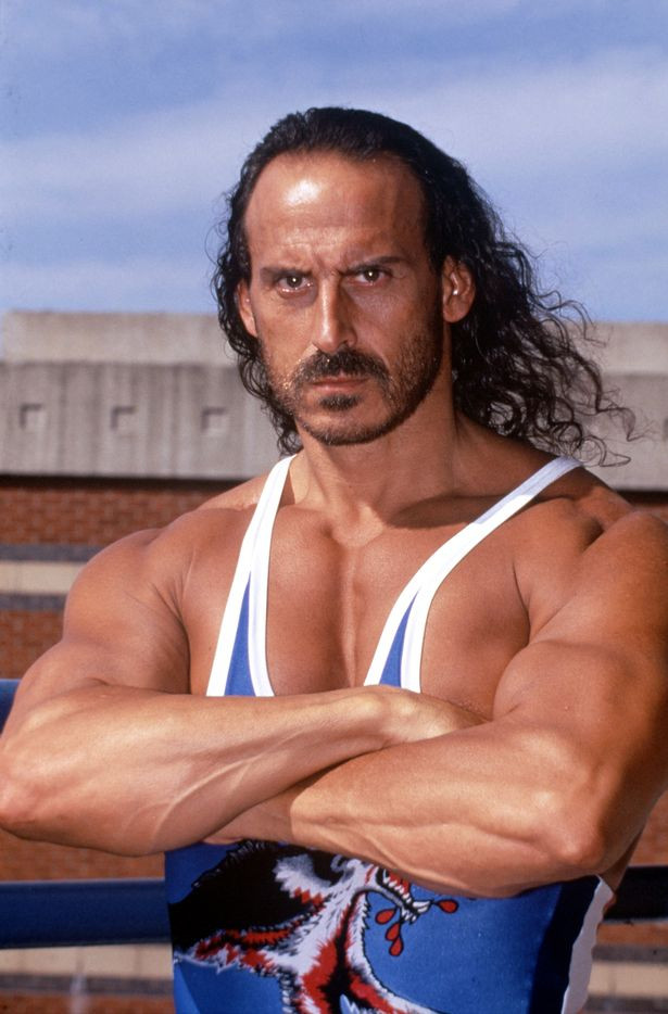 Wolf off of Gladiators, with his mane of stringy gelled hair waving behind him in the breeze. He wears his trademark leotard and stands arms folded, staring at the camera and radiating Wolf Power (tm)