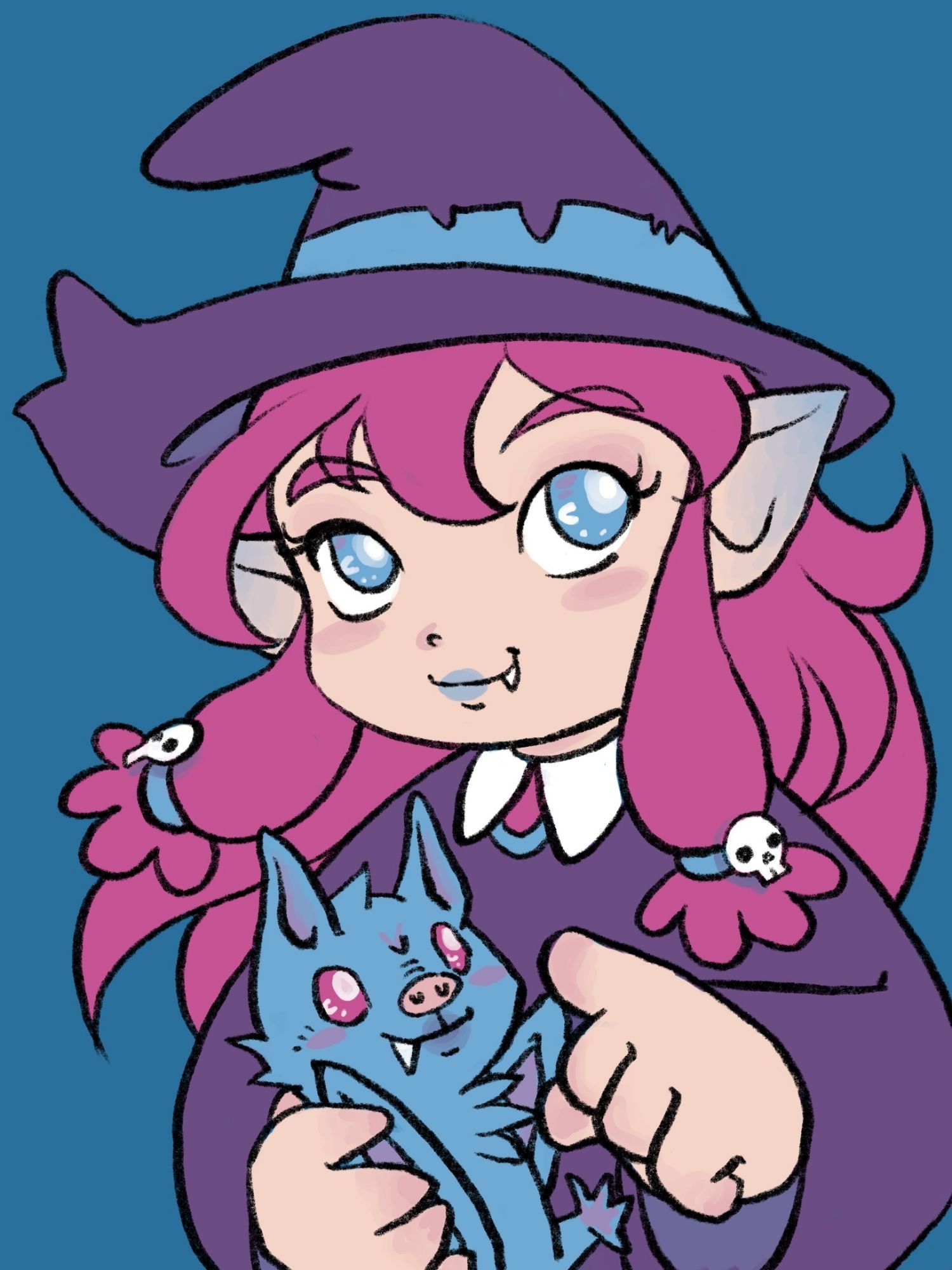 Cute witch and bat, in purple, pink, and blue