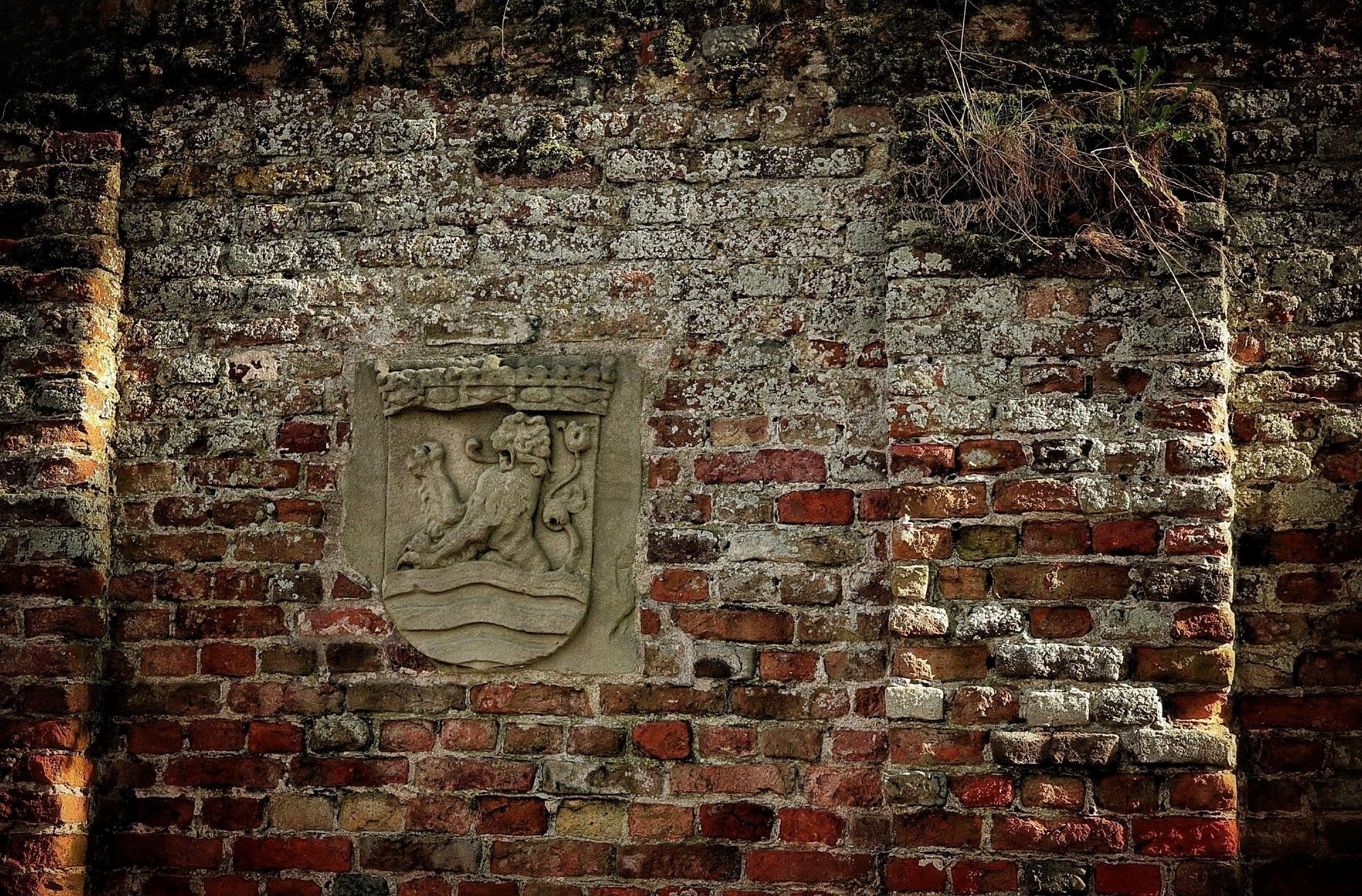 Stone shield with lion rising out of the water 'Luctor Et Emergo' inserted in a partly overgrown red brick wall.