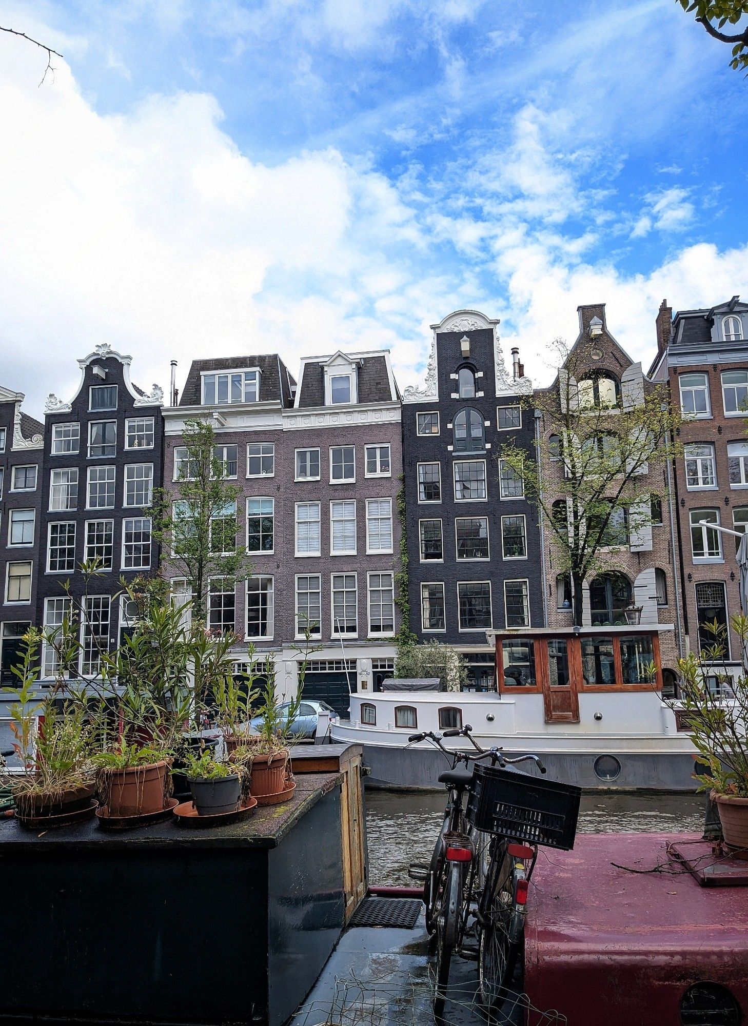 Potten met planten op een woonboot aan een gracht.