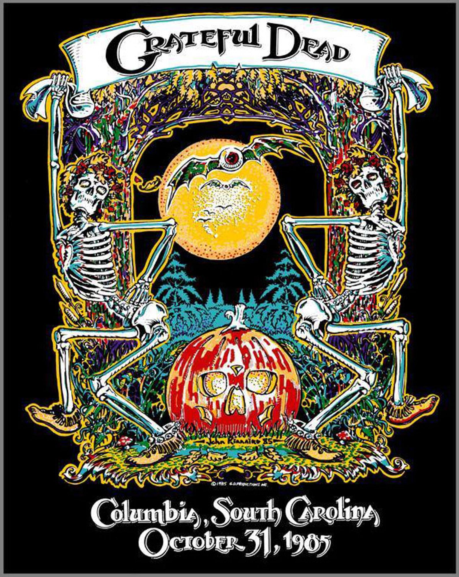 image from a Grateful Dead t-shirt from Columbia, SC 10/31/85 - dancing skeletons, jack o'lantern, yellow moon , and flying eyeball with bat wings somewhat in the style of Rick Griffin