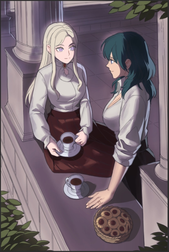 wip of edelgard sitting on a ledge with a cup of tea, gazing into byleth's eyes. byleth stands near edelgard with a tea cup and a small basket of cookies near her hand. i am holding my face wondering if i can ever escape edeleth syndrome (i cannot)