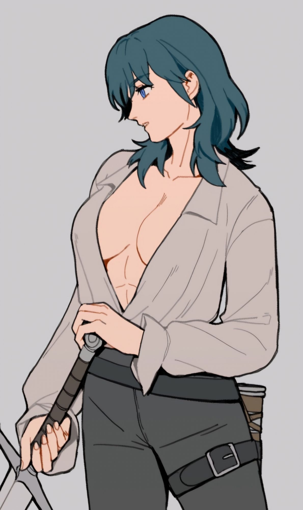 wip of byleth eisner from fire emblem three houses. she gazes to the left while holding a sword, wearing a top revealing her cleavage and abs for some reason