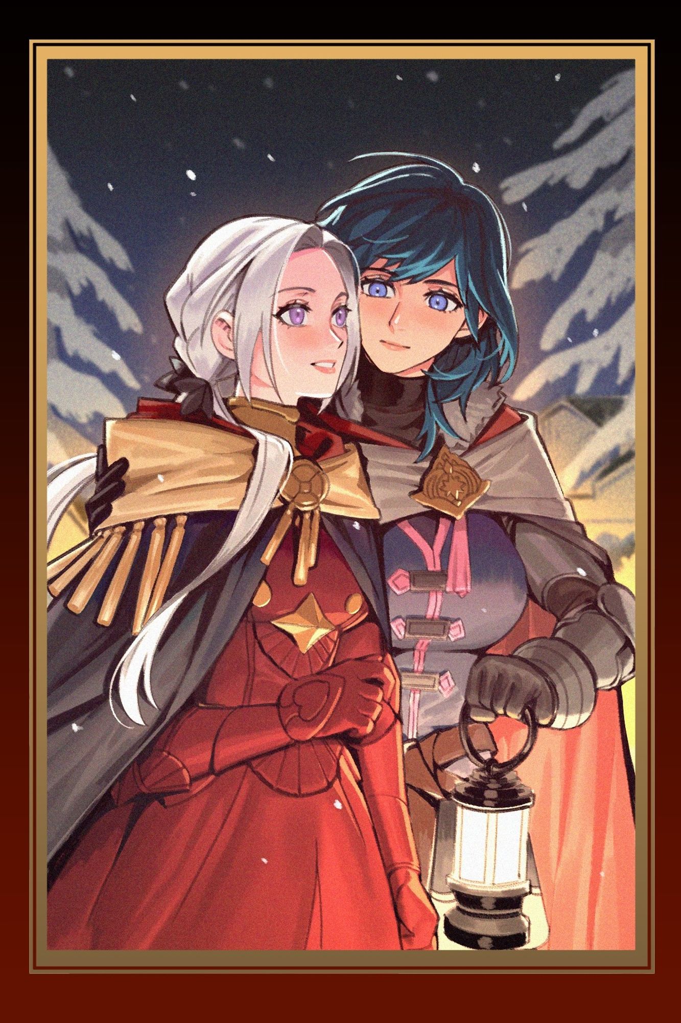 edelgard von hresvelg and byleth eisner are walking in winter nighttime scenery. they're both wearing cloaks. edelgard is wearing her emperor attire, and byleth is wearing mercenary armor, holding a lantern to guide their way. i am hoping they have a great time warming each other up later :)))))))