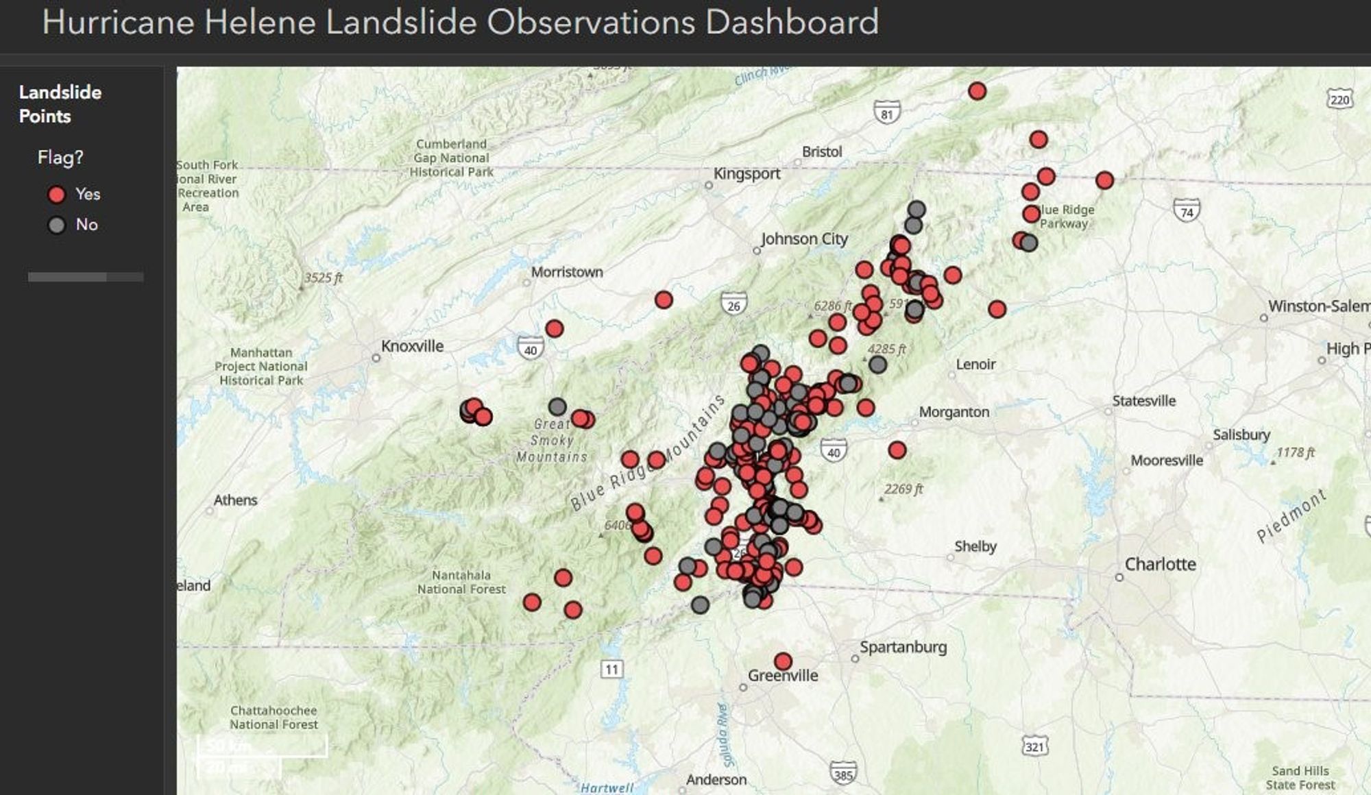 USGA Hurricane Helene Landslide Observation map.