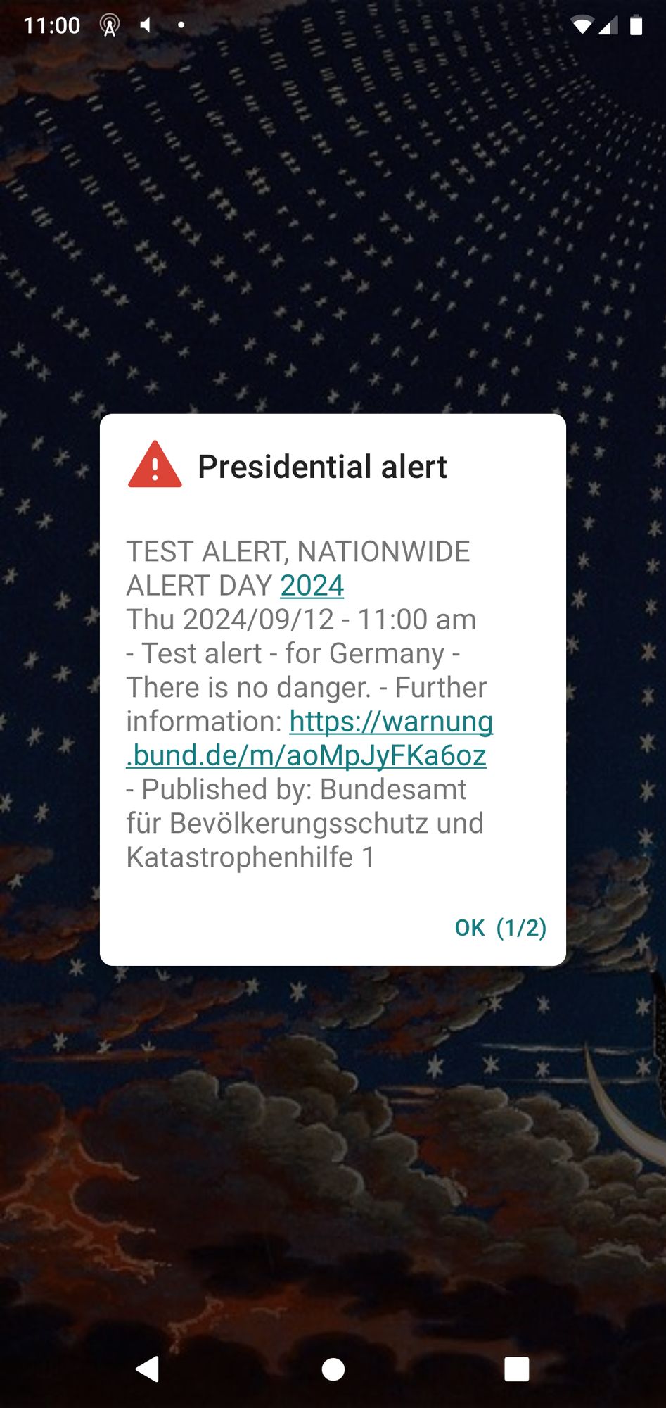 Screenshot meiner Cell Broadcast Warnung auf dem Handy, oben steht "Presidential Alert, TEST ALERT"