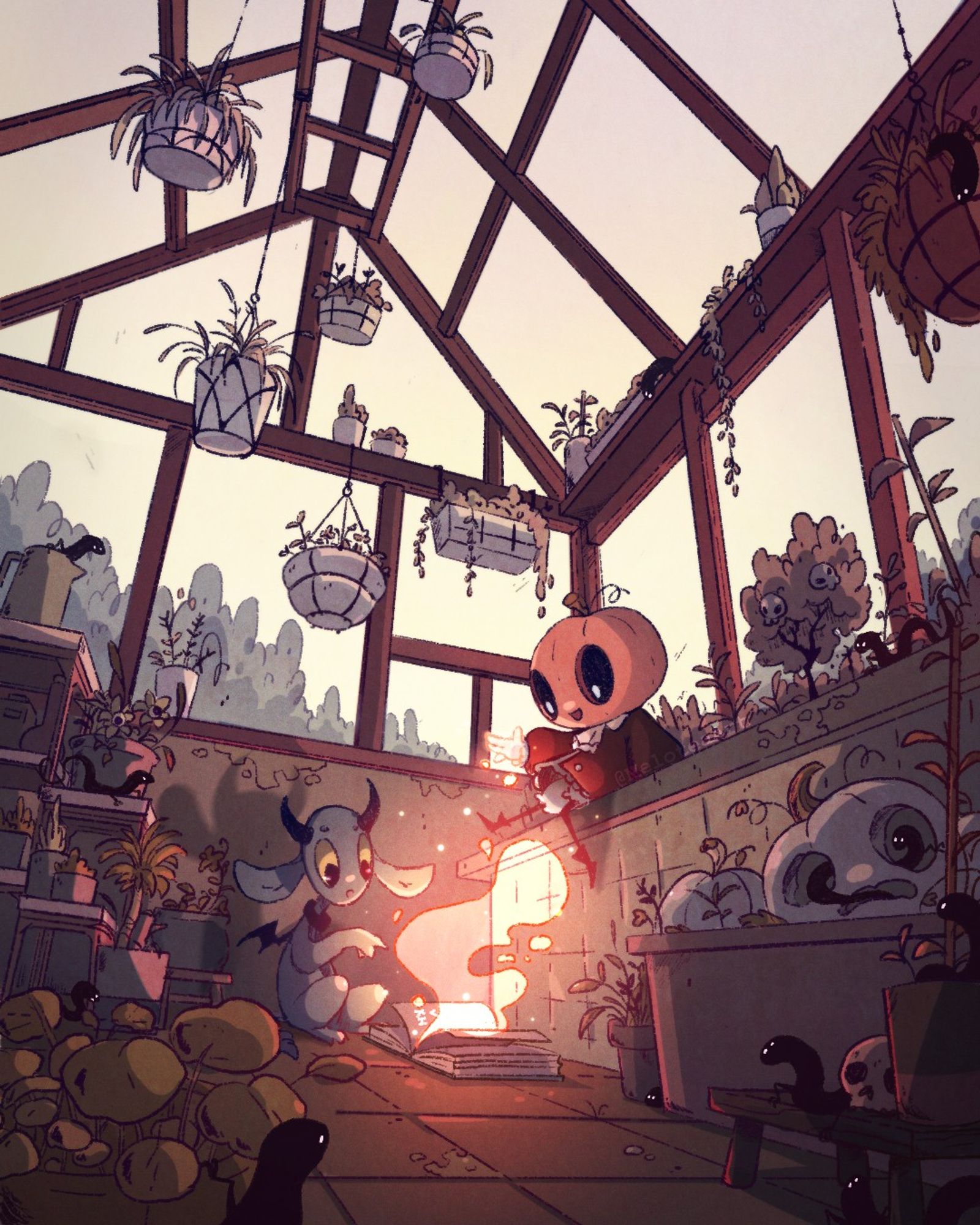 Imp and Pumpkin head character in a green house creating a magical spell from a book. Warm tones and evening light. 
#art