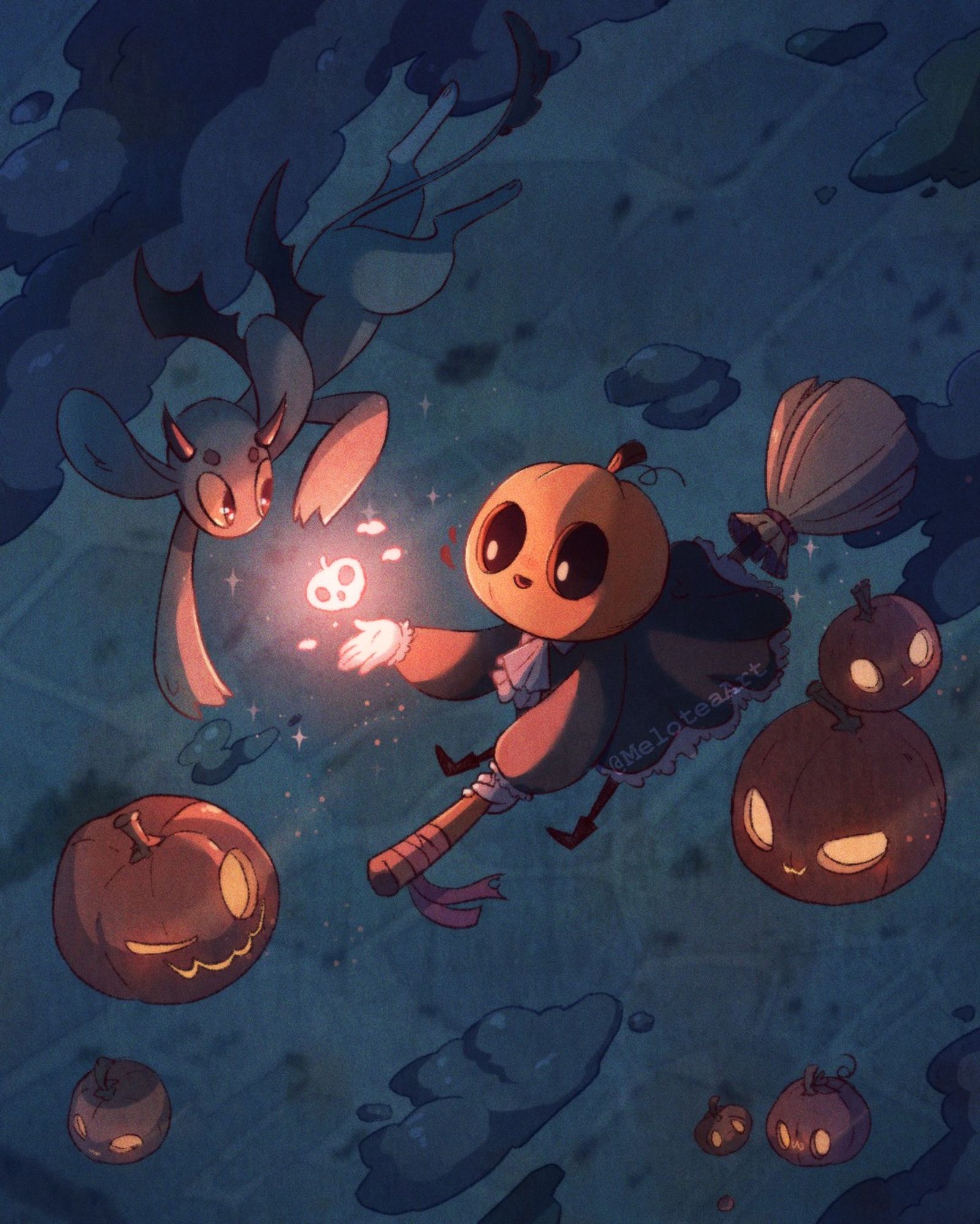 An imp and a pumpkin head character fly together in the night sky surrounded by floating jack-o-lanterns