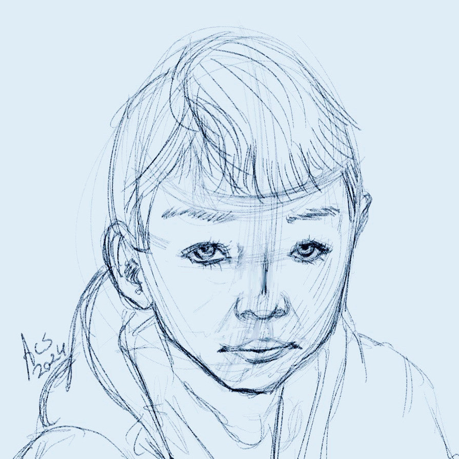 A messy sketch young boy with short hair looking at the artist rather sullenly.