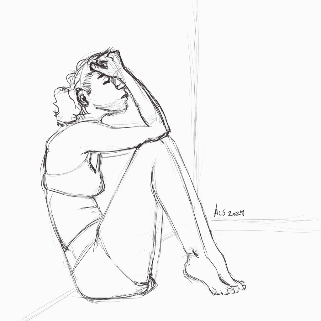 A sketched female figure sits against a wall, her head pressed into her fists, elbows pressed into knees, toes pressed into the floor. She looks like she is tired.