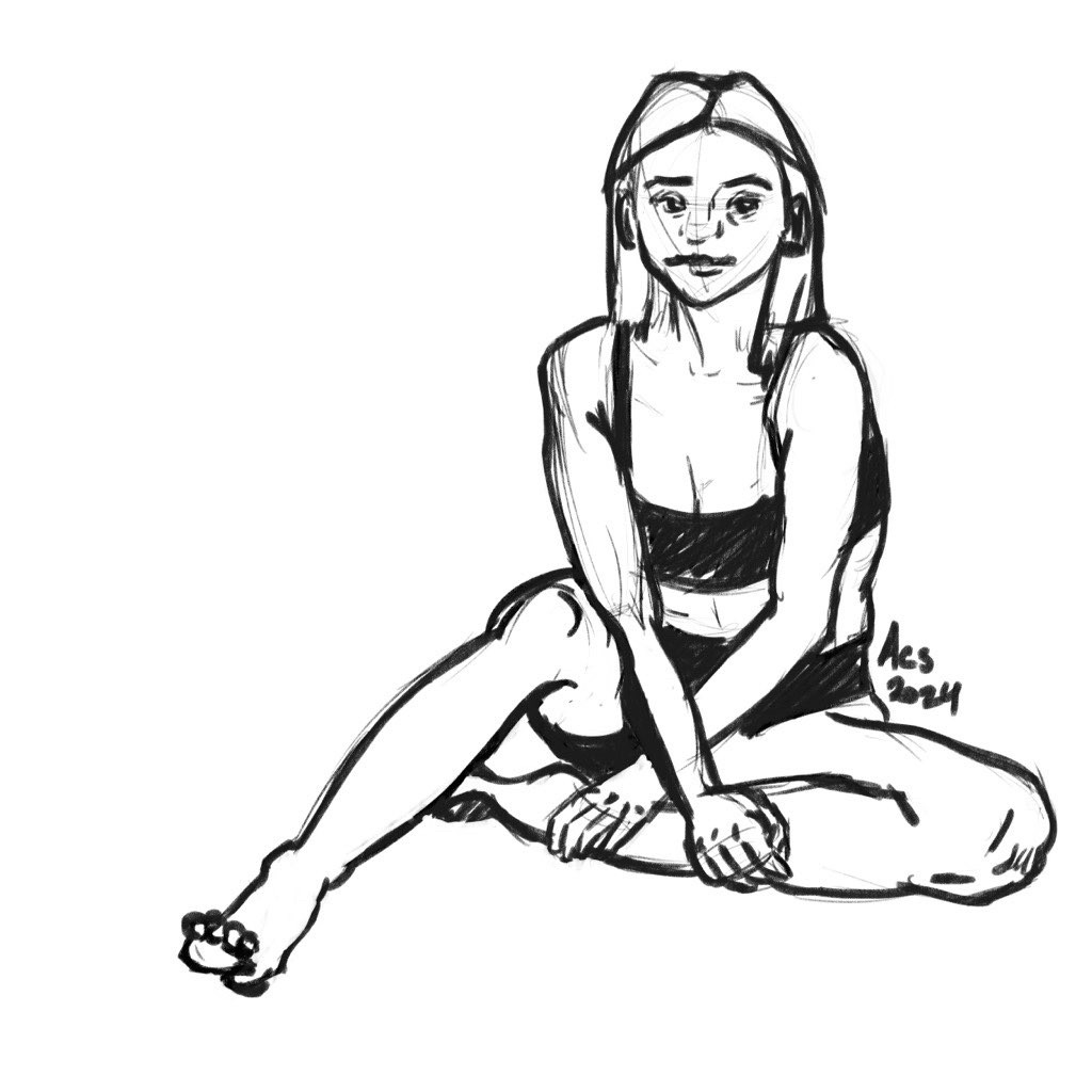 A sketch- a woman sits with her arms crossed and hands resting on one leg folded beneath her. The other leg extends forward and to one side.