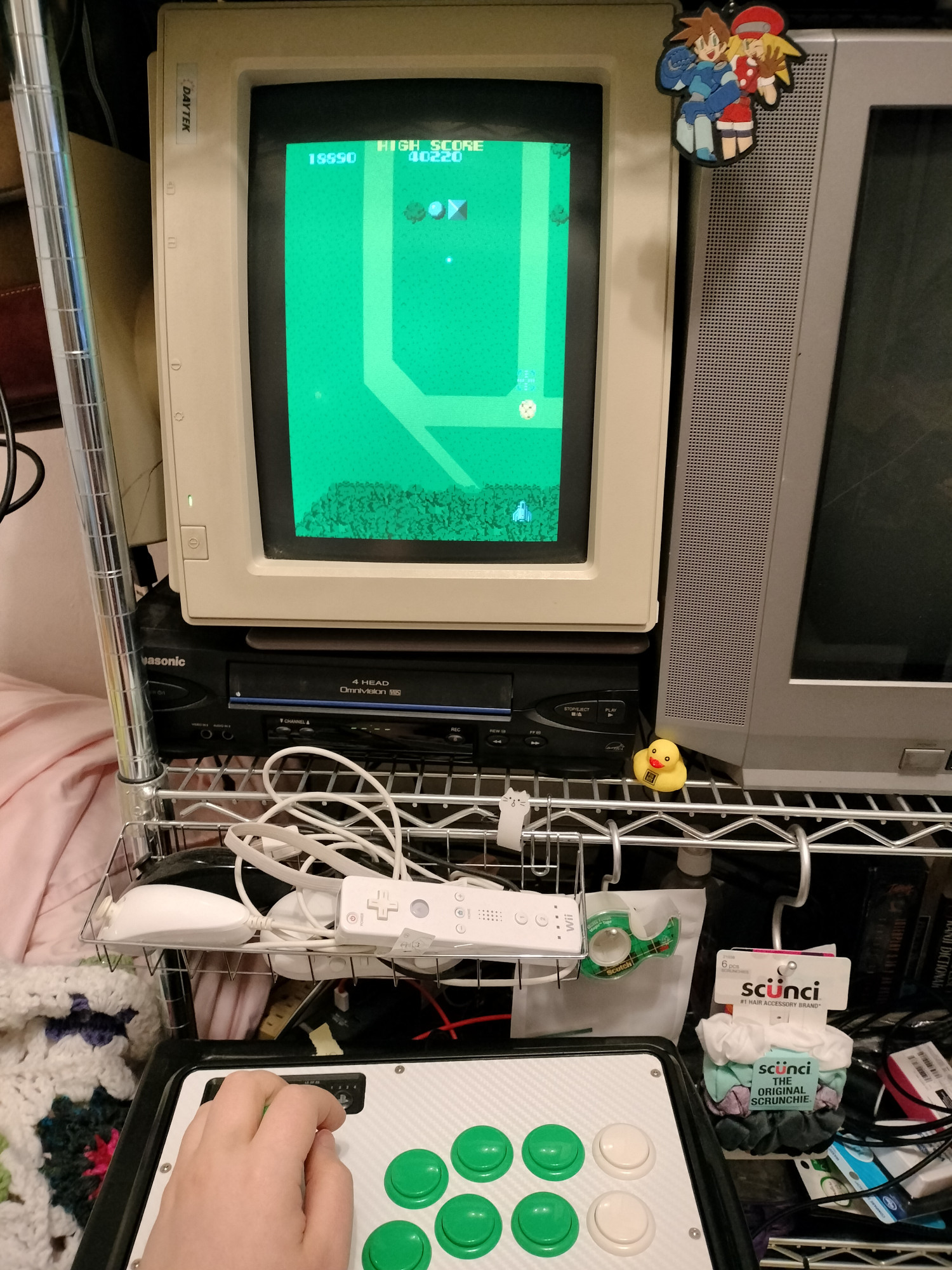 Xevious (arcade), running on my vertically-oriented Daytek DT-14SV2 VGA CRT monitor. This is the Xevious core for MiSTer; in front of the monitor is an arcade stick, ready for some vertical arcade gaming