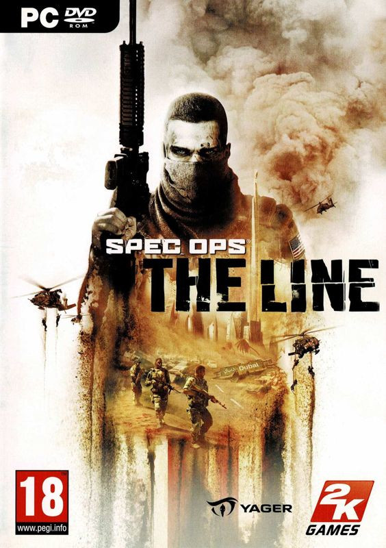 Spec Ops: The Line - the logo is in the center. Behind the logo is the protagonist, Martin Walker, holding his assault rifle up in the air with one hand, while wearing a mask over his nose and mouth. Superimposed over him are scenery of him and his two squadmates walking the streets of Dubai, while helicopters carrying people hanging from them fly around. A sandstorm blazes on in the background, in the top-right corner.