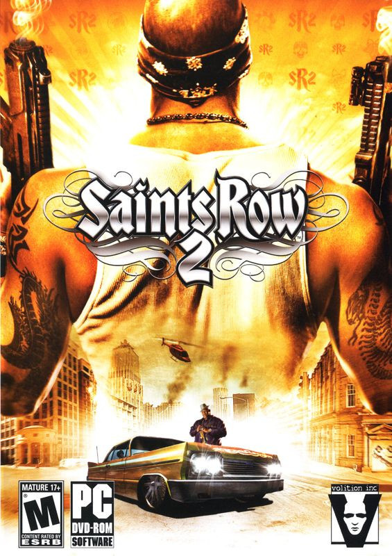 Saints Row 2 - the logo is in the center. A gang member (presumedly one of the Third Street Saints?) is facing away from the camera, dual-wielding SMGs. At the bottom of the image is someone standing behind a car, aiming a gun at the camera, as a helicopter flies overhead in a sprawling cityscape.