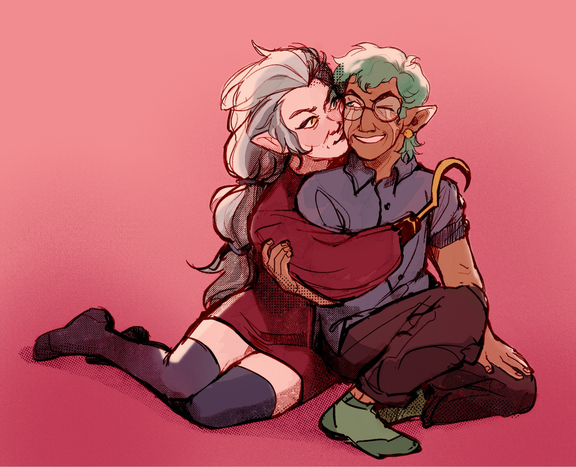 Art of Raine and Eda from The Owl House.

They're both sitting down and hugging from the side. Eda is kissing Raine's cheek scar from behind, her hook around them. Raine is smiling, while their left eye is closed; their right hand is around Eda's arm. 

The background is red.