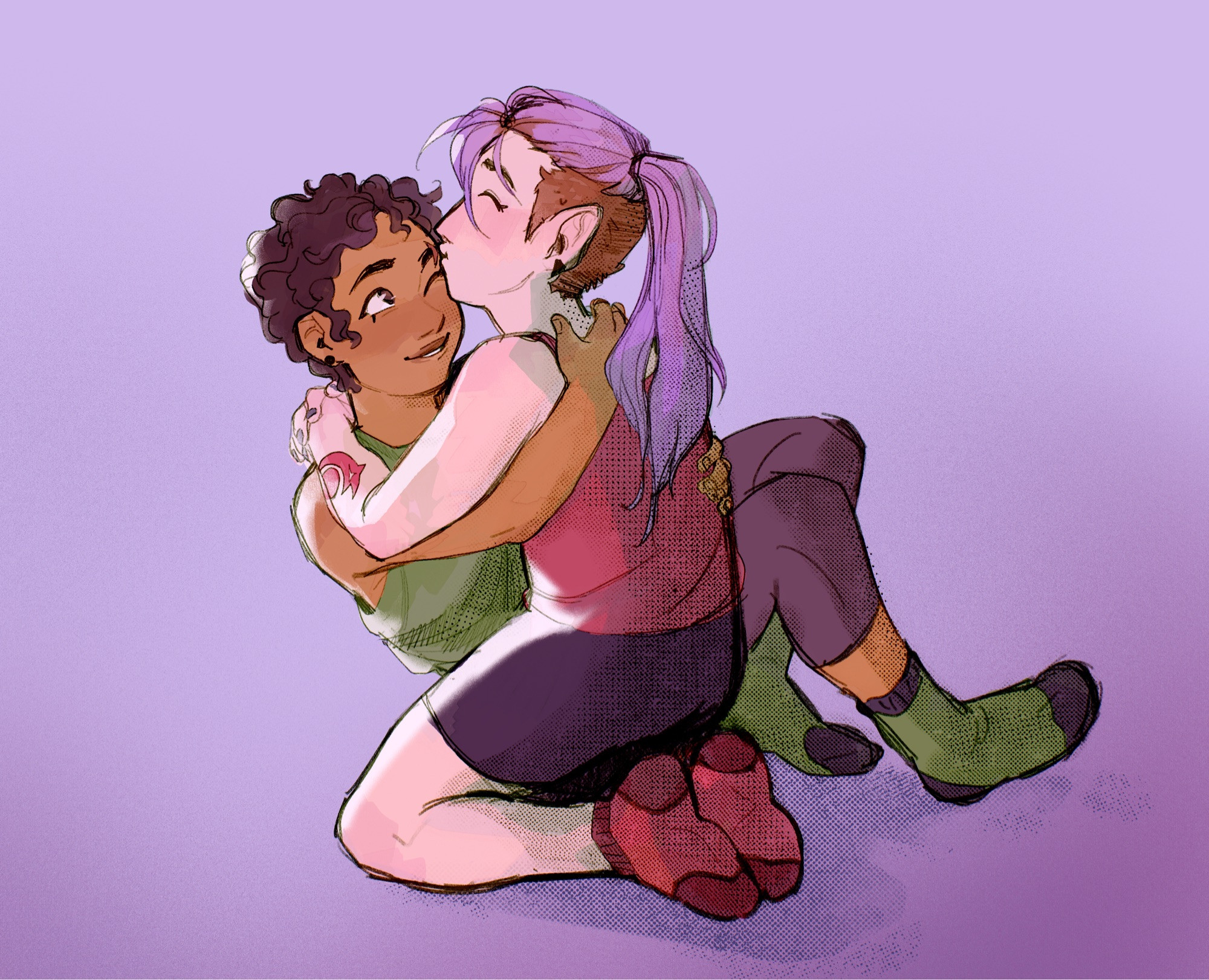 Art of Luz and Amity from The Owl House.

They're both sitting down and hugging. Luz is smiling, her right eye is open and looking at Amity, while her left eye is closed; her hands are on Amity's back. Amity is kissing Luz's eyebrow scar; her hands are around Luz's neck.

The background is purple.