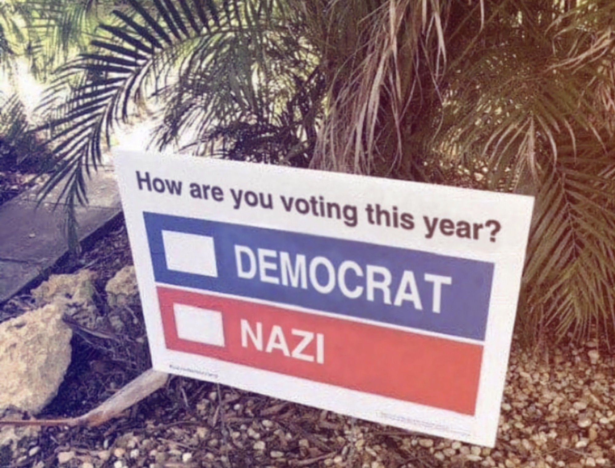 Yard sign:

How are you voting this year?
Democrat
Nazi