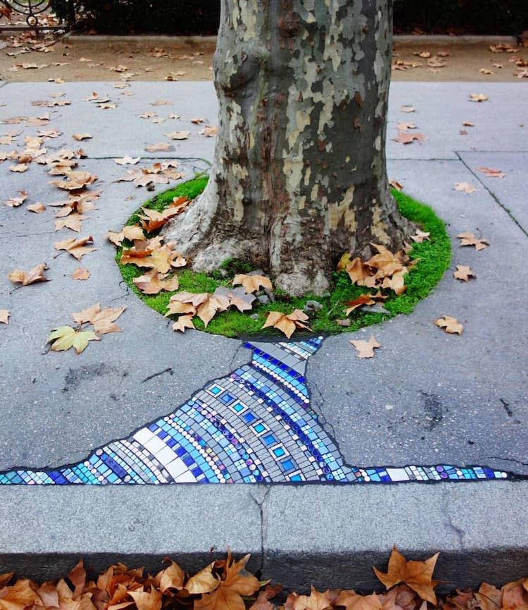 Mosaico em calçada, perto de uma árvore, parecendo uma nascente que jorra para a margem da calçada, em várias listras azuis feitas com pequenas peças de azulejo/cerâmica.