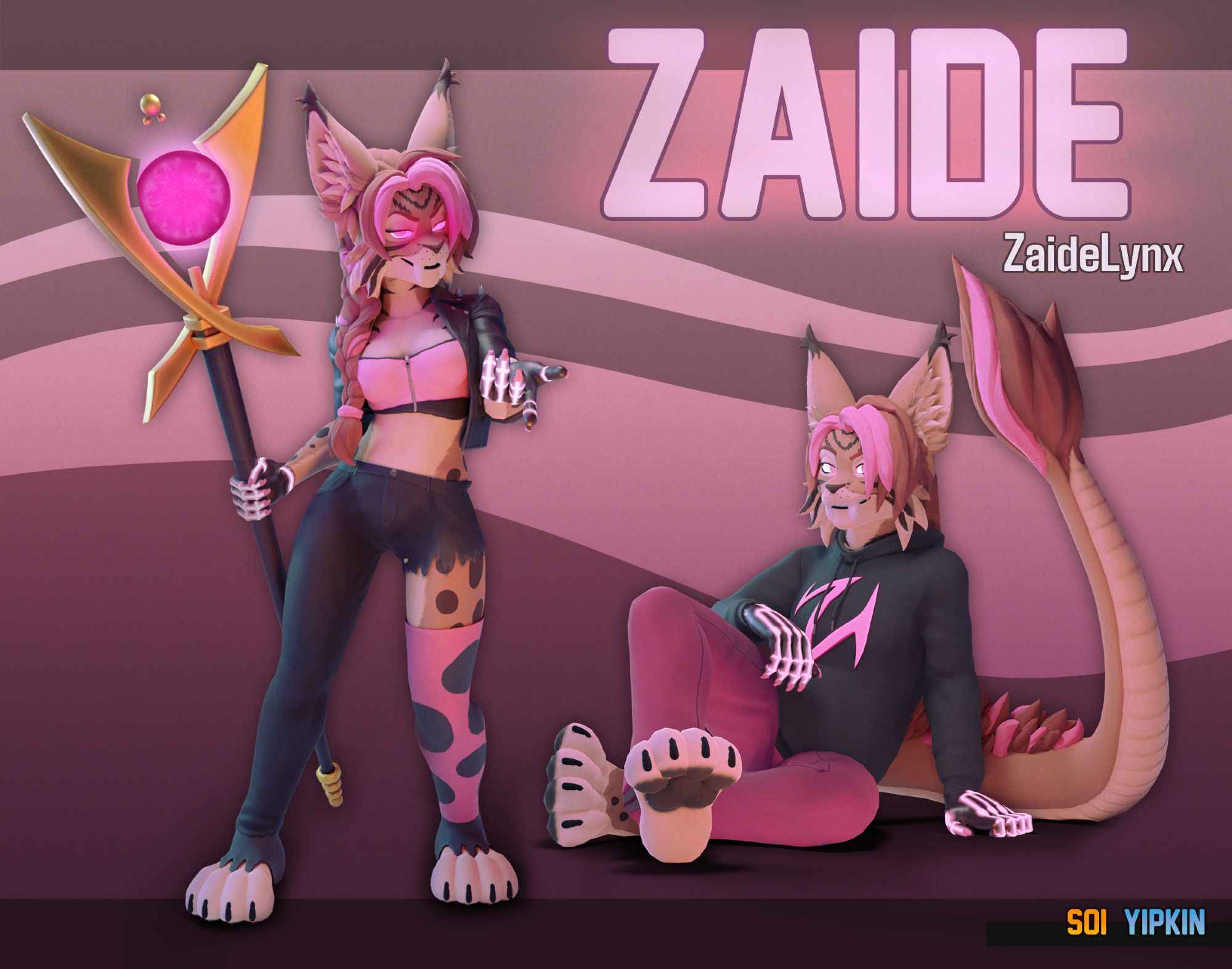 Two 3d renders of a anthro lynx character named Zaide