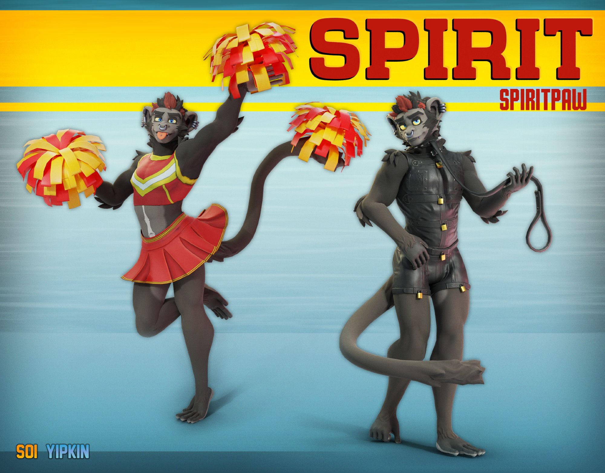 two renders of an anthro spider monkey avatar, one in cheerleader outfit, the other in harness